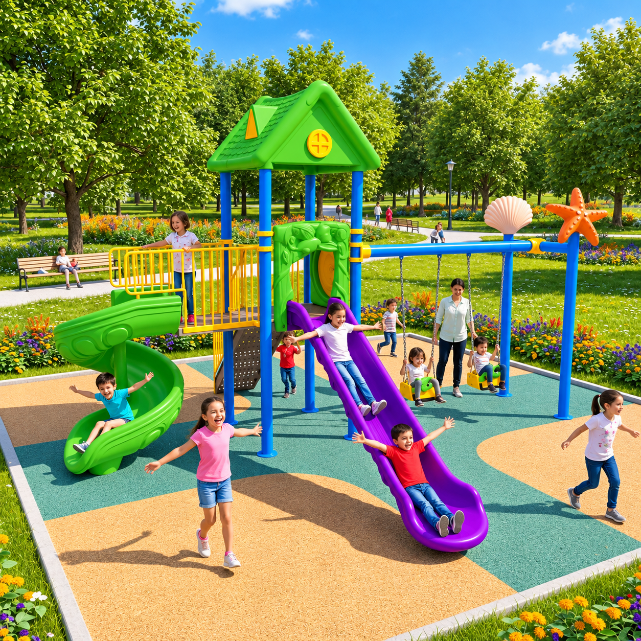 Çocuk Oyun Parkı ENJ01900 - İki Kaydıraklı Ev Temalı Model