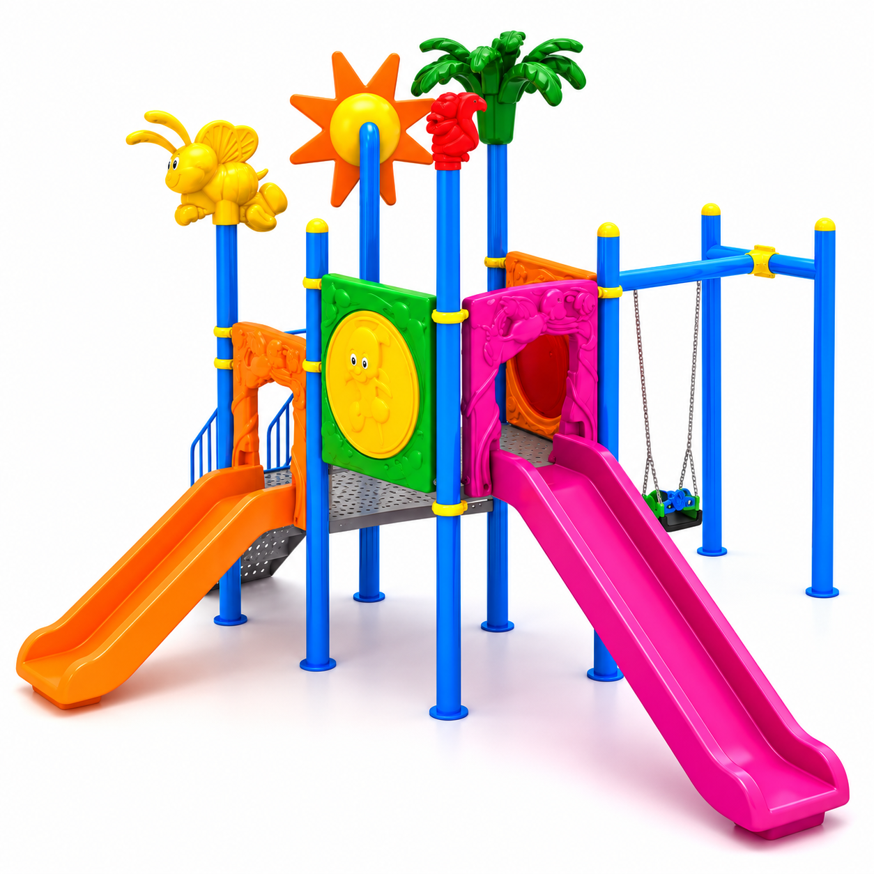 Outdoor Childrens Playground with Two Towers, Two Slides, and Swing – 6m x 5.4m