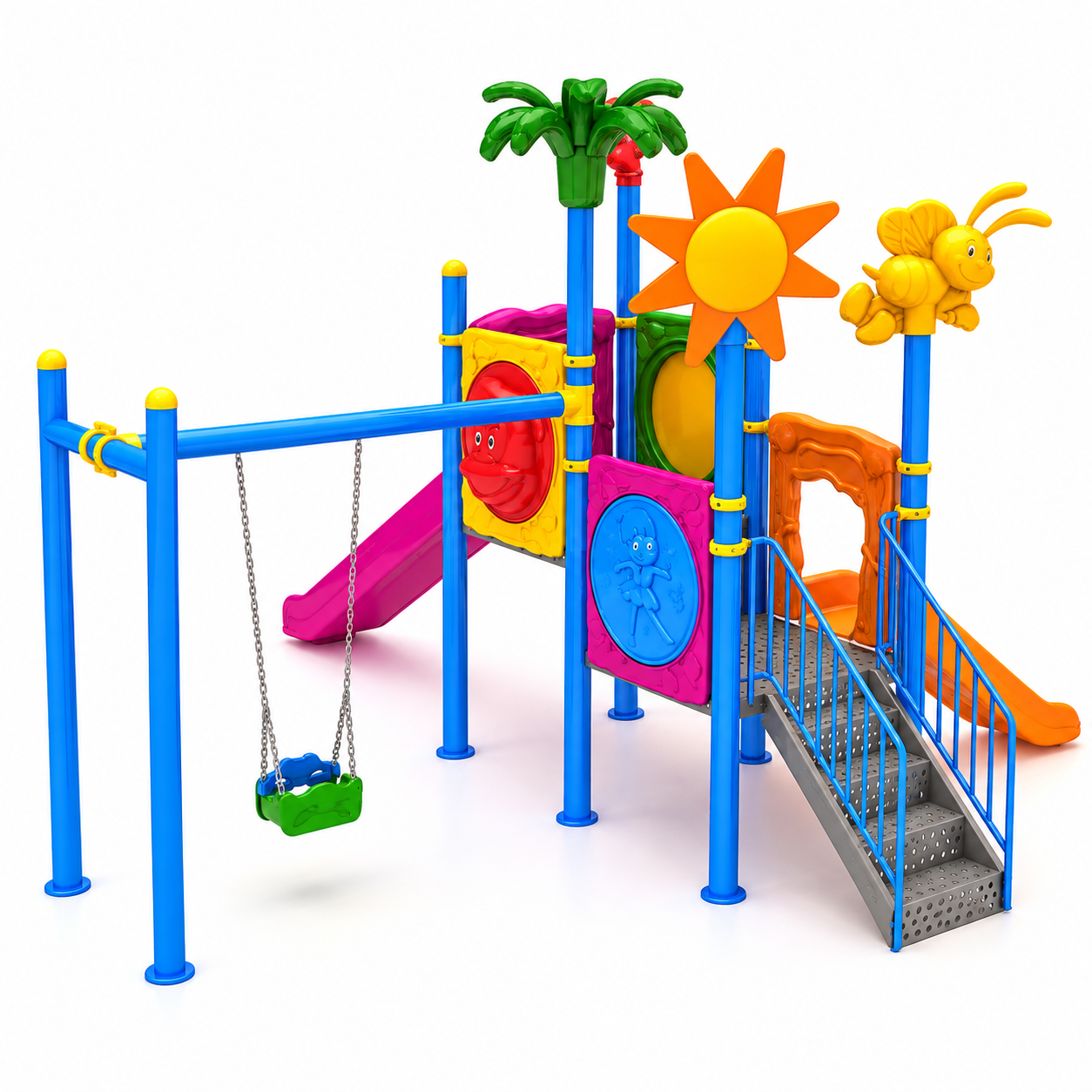 Outdoor Childrens Playground with Two Towers, Two Slides, and Swing – 6m x 5.4m