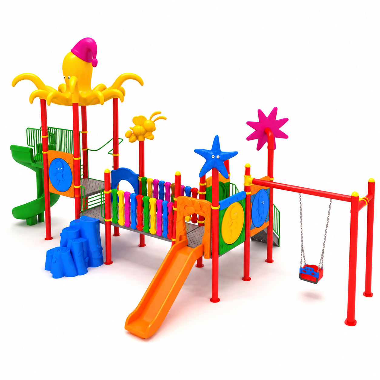 Outdoor Childrens Playground with Octopus Roof and Three Slides – 10.5m x 5m