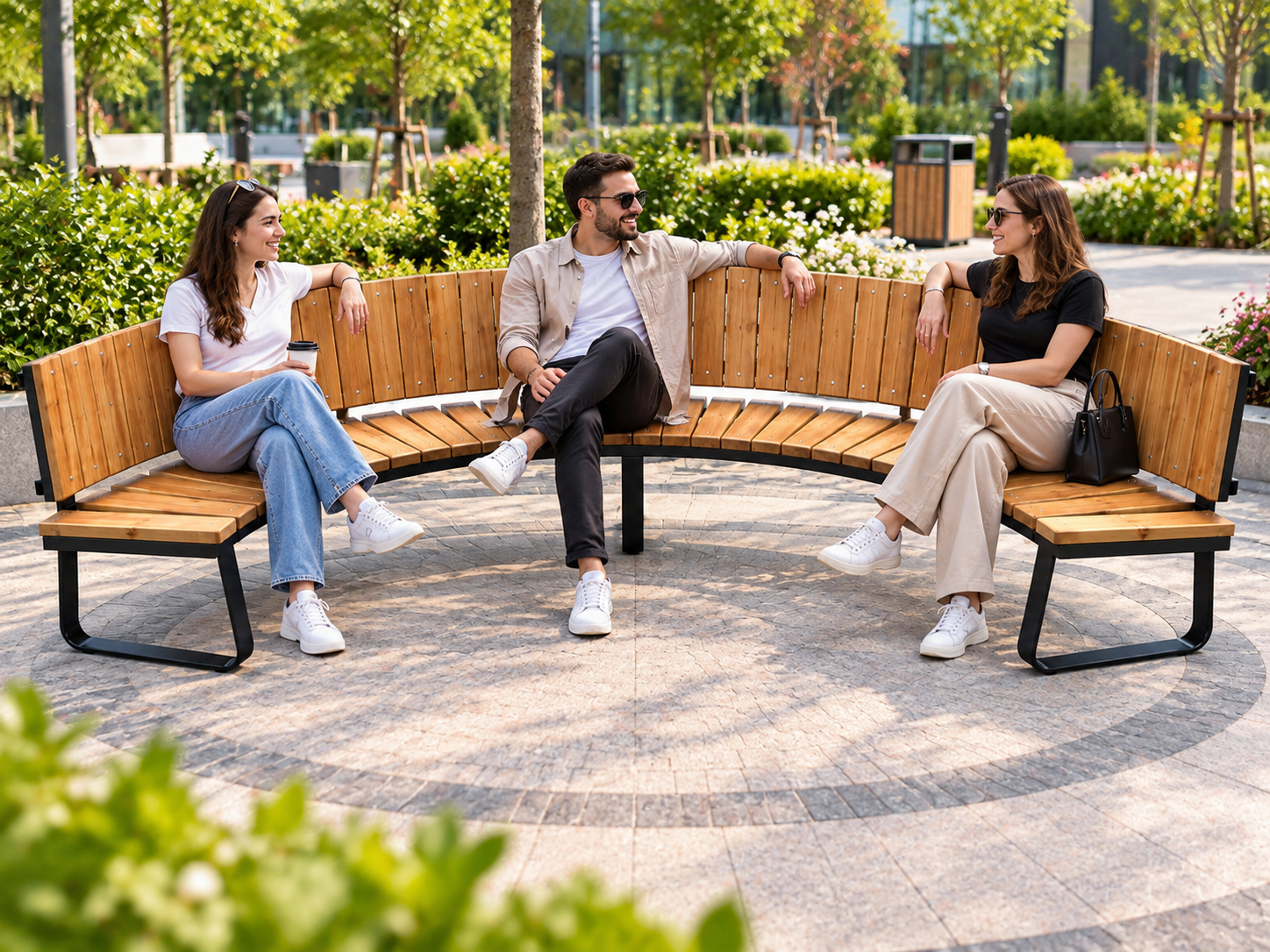 Circular Design Wooden Bench with Backrest