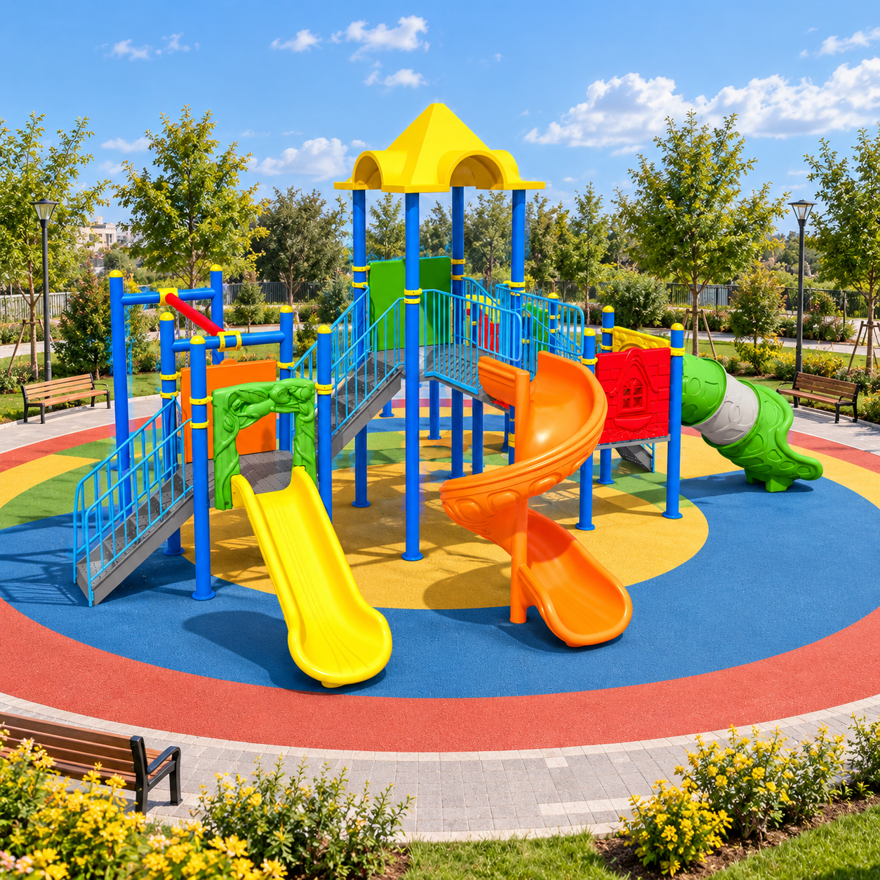 Outdoor Playground Set with Three Slides and Double Swing – BOS-12 (8x8m)