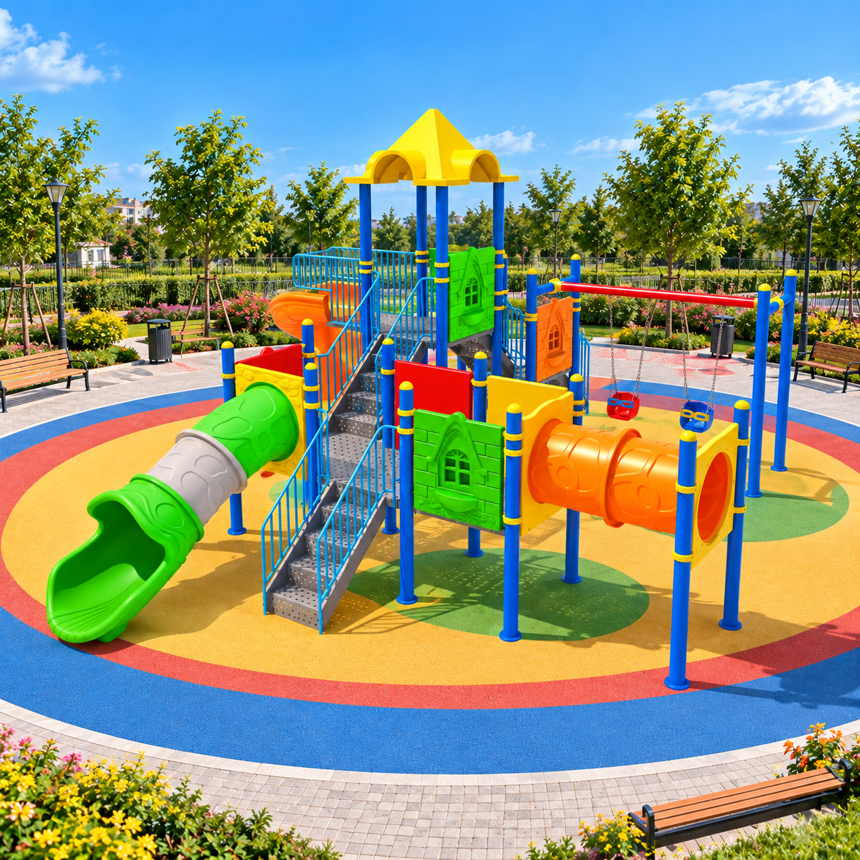 Outdoor Playground Set with Three Slides and Double Swing – BOS-12 (8x8m)