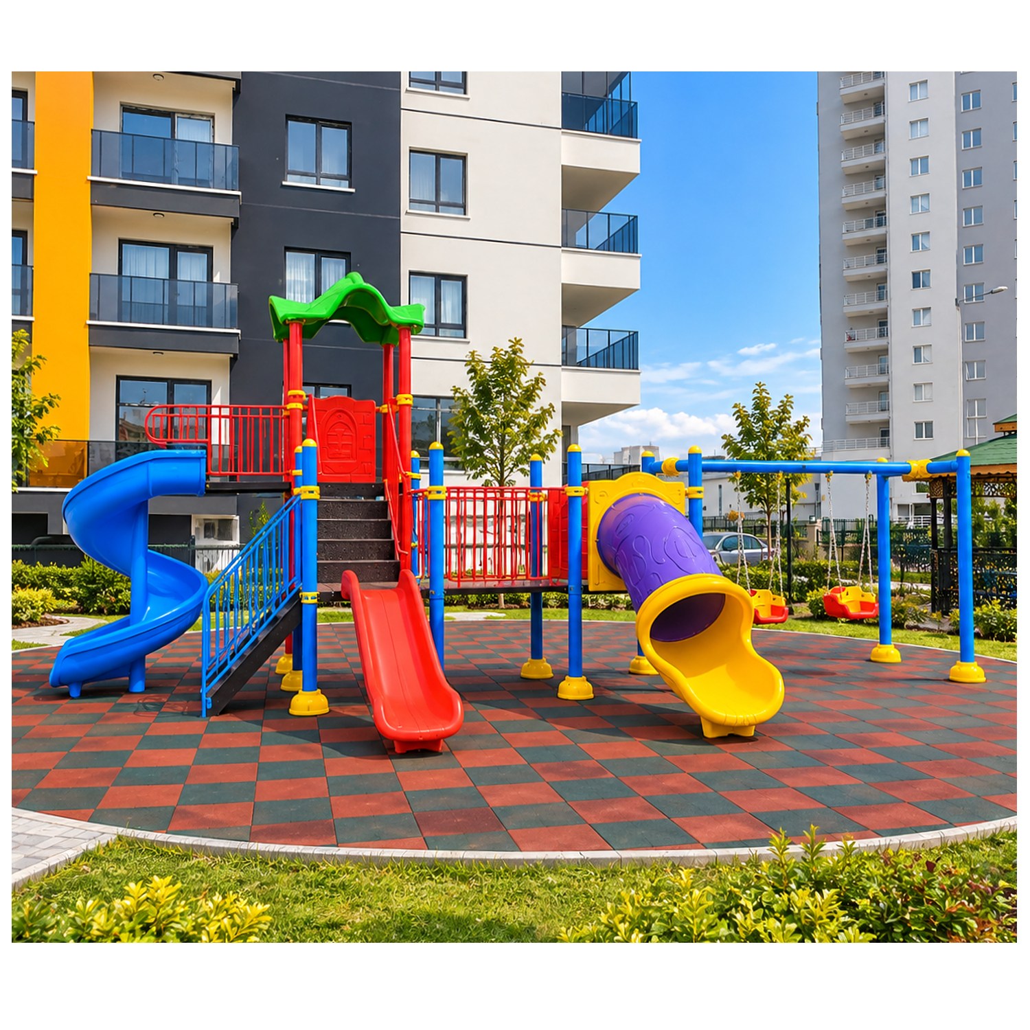 Dış Mekan Çocuk Oyun Parkı 9.5x5.5m, Üç Kaydıraklı Klasik Model