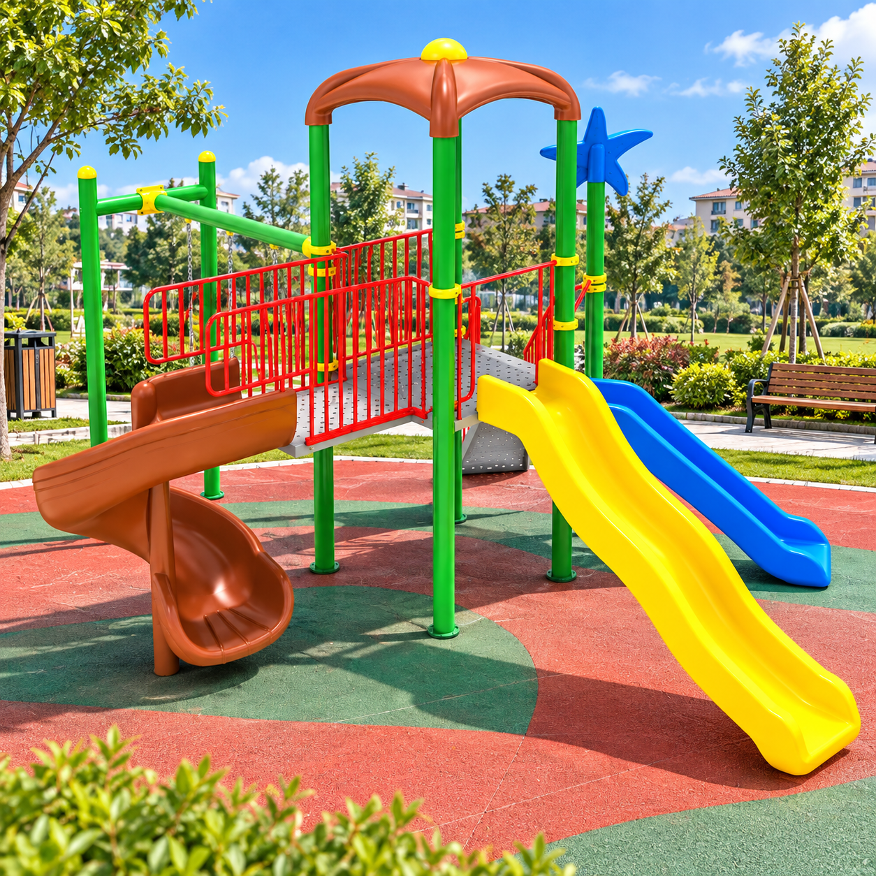 Dış Mekan Çocuk Parkı 5x5m, Üç Kaydıraklı Salıncak İlaveli Model