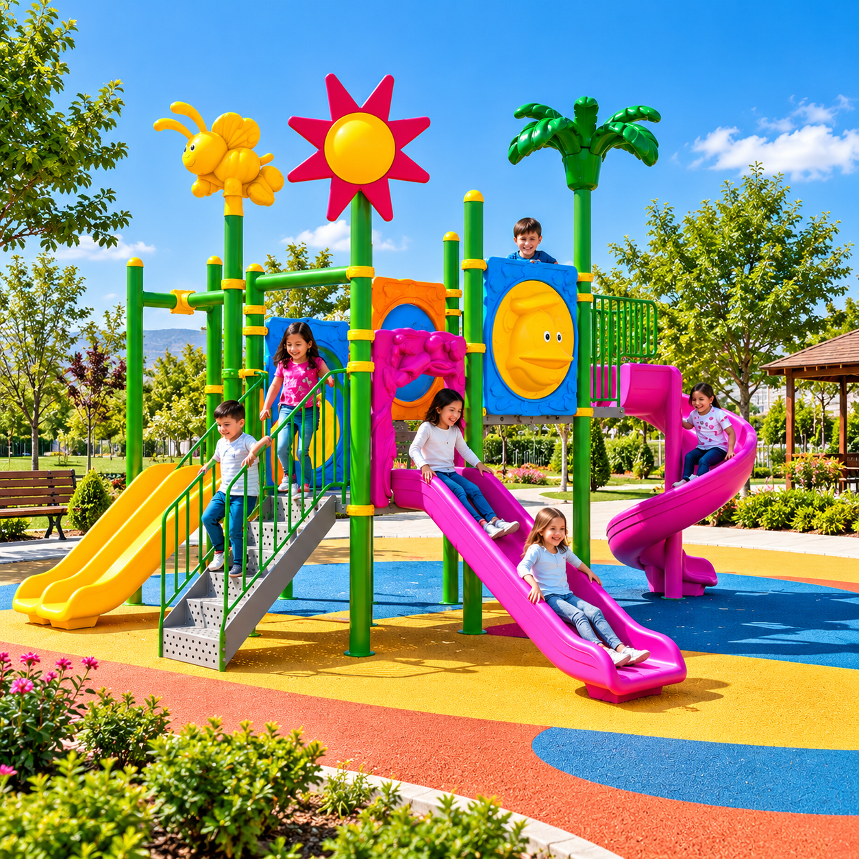 Outdoor Childrens Playground with Two Towers, Two Slides, and Swing – 6m x 5m