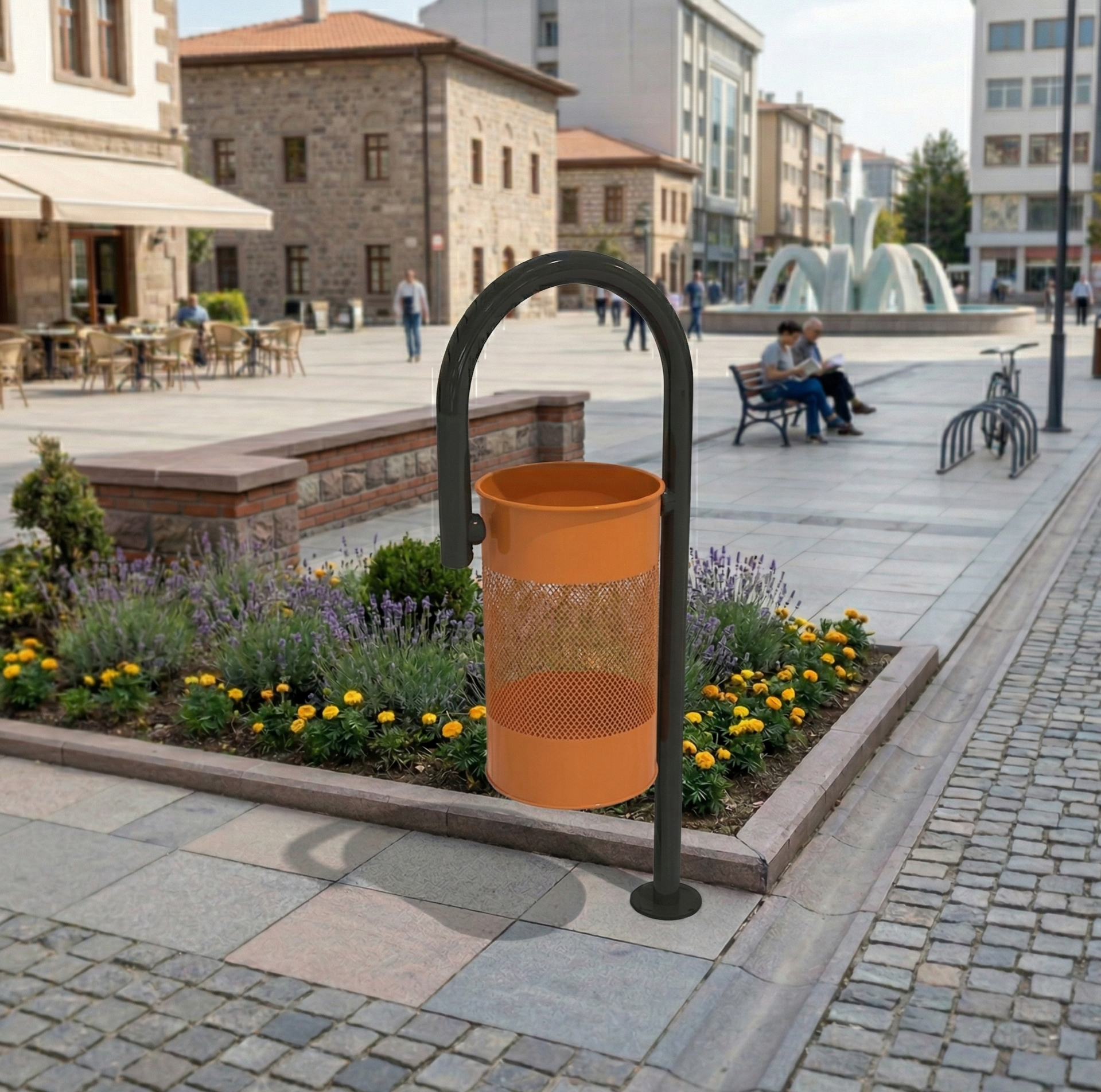 Dış Mekan Çöp Kovası, Tek Ayaklı Delikli Metal 44x29x115cm-30L