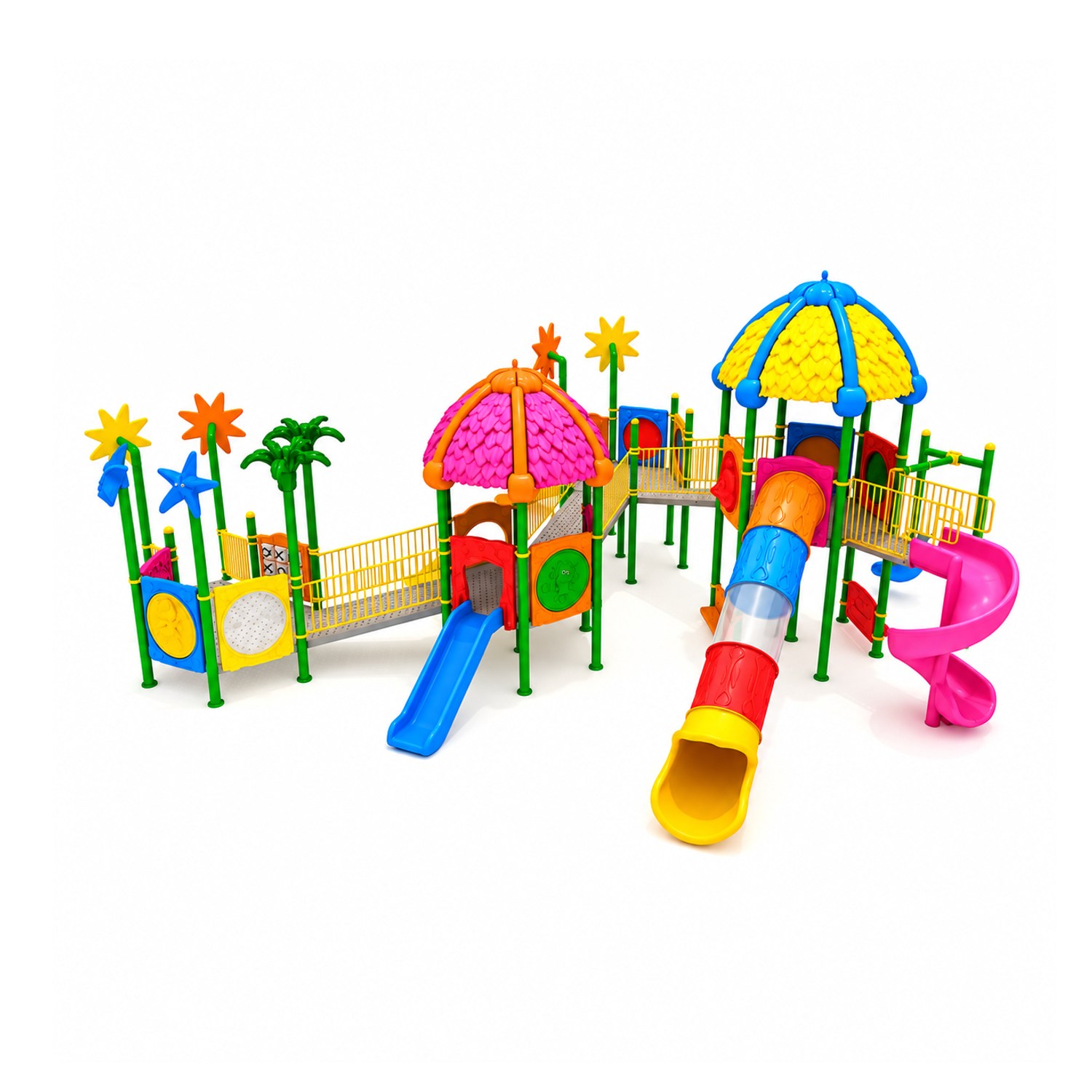 Inclusive Outdoor Playground with Four Towers and Five Slides – 15 x 11 m