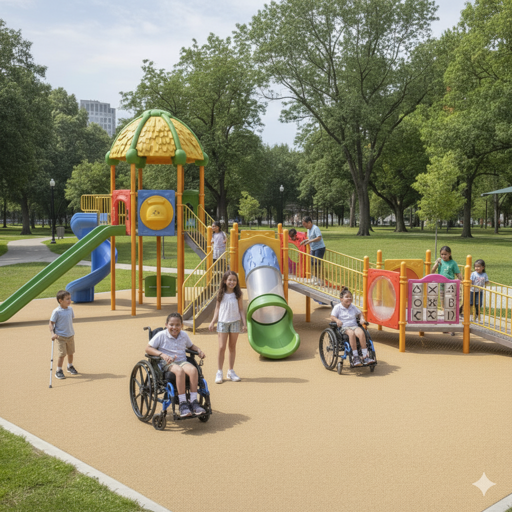 Engelli Çocuk Oyun Parkı 13x8m, Üç Kuleli 5 Kaydıraklı Model