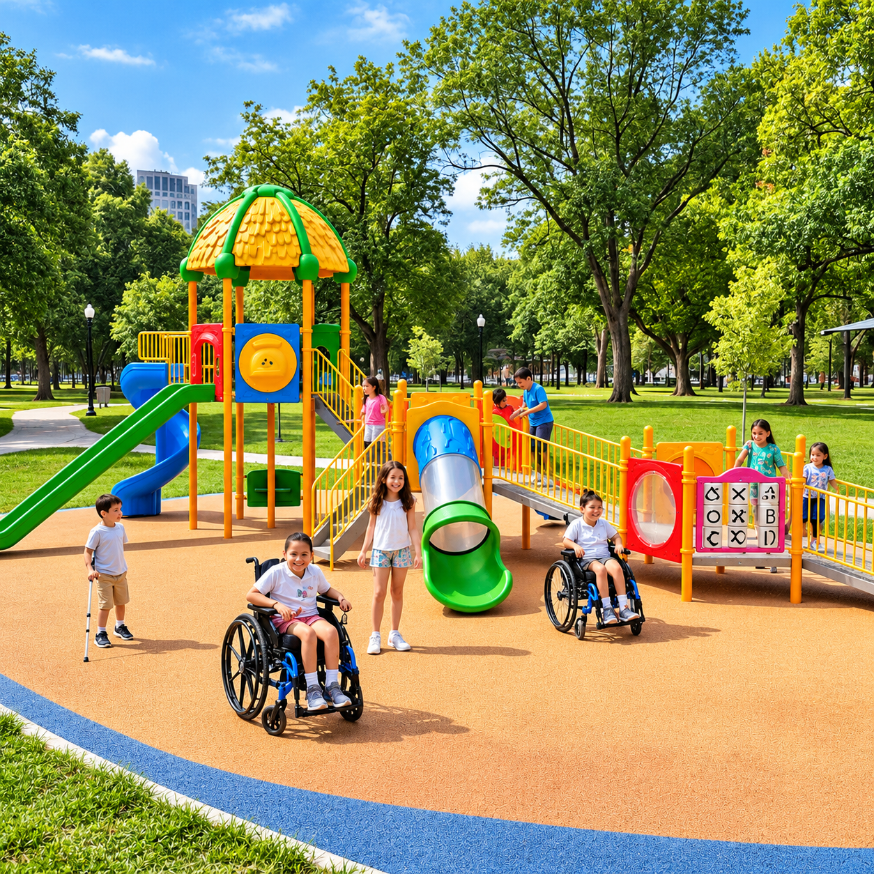 Inclusive Outdoor Playground with Three Towers and Five Slides – 13 x 8 m