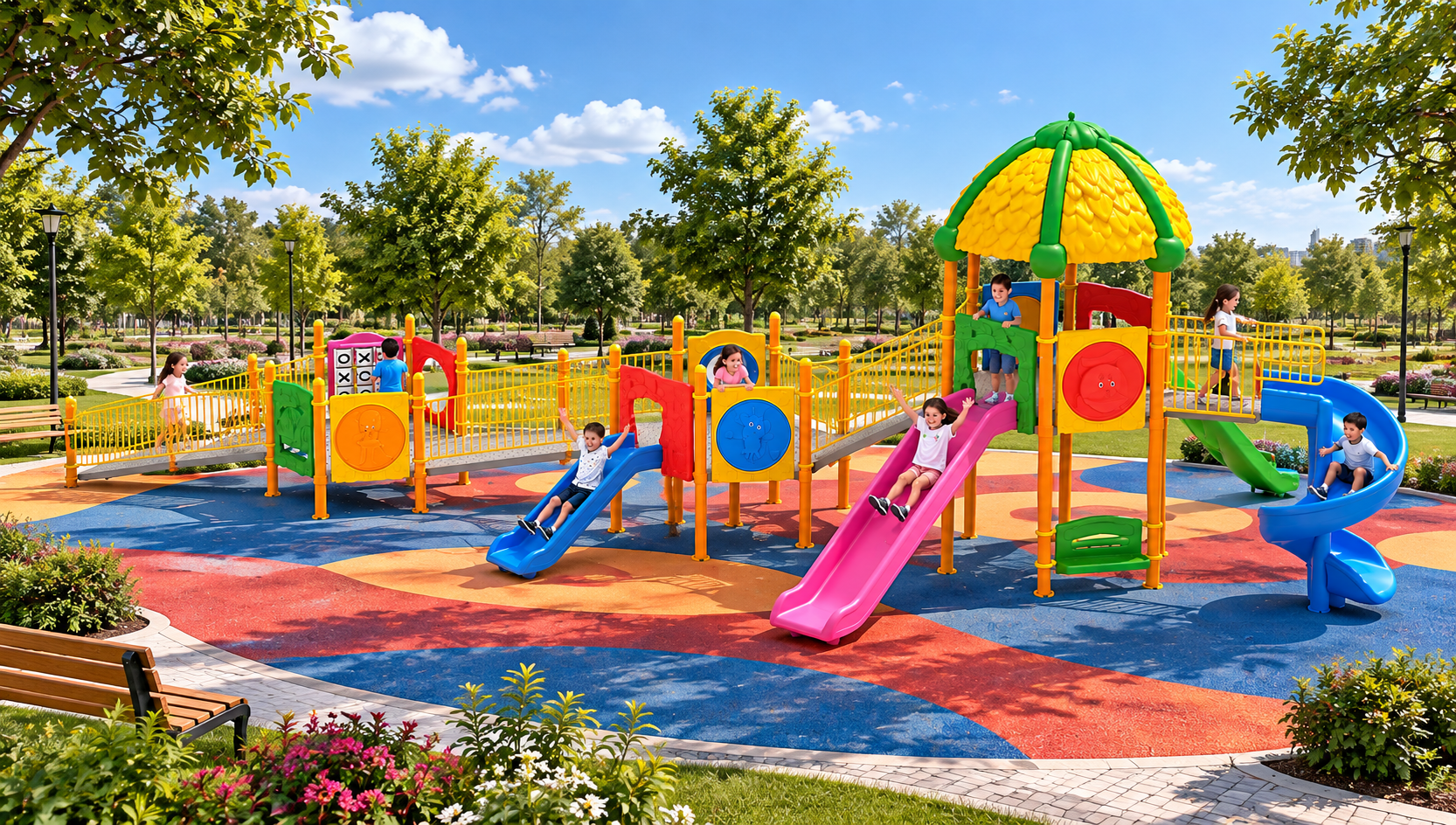 Inclusive Outdoor Playground with Three Towers and Five Slides – 13 x 8 m