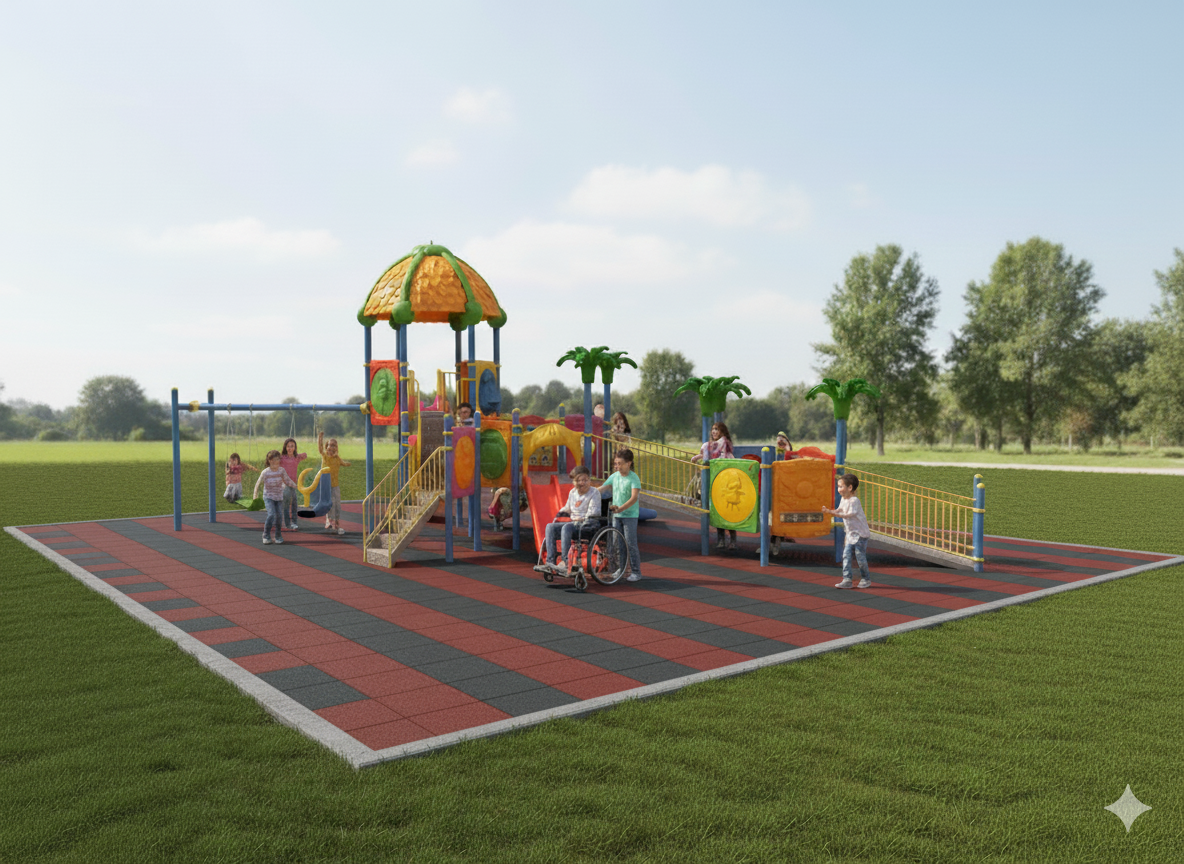 Engelli Çocuk Oyun Parkı 15x7m, İki Adet Engelli Salıncak İlaveli