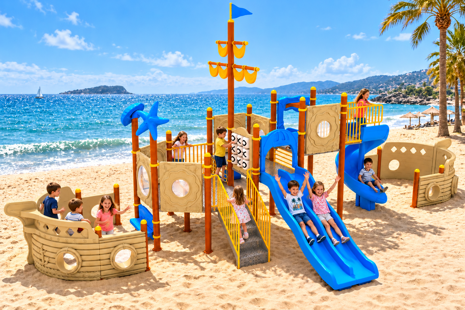 Gemi Temalı Çocuk Oyun Parkı, 10x5.5m, Üç Kaydıraklı Model