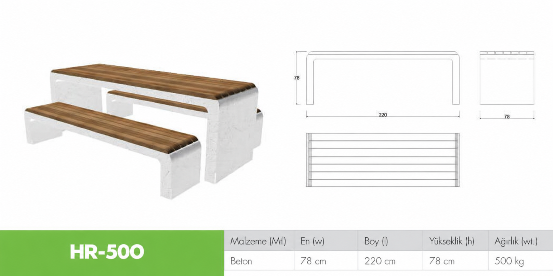 HR-500 Ahşap Oturaklı Beton Piknik Masası