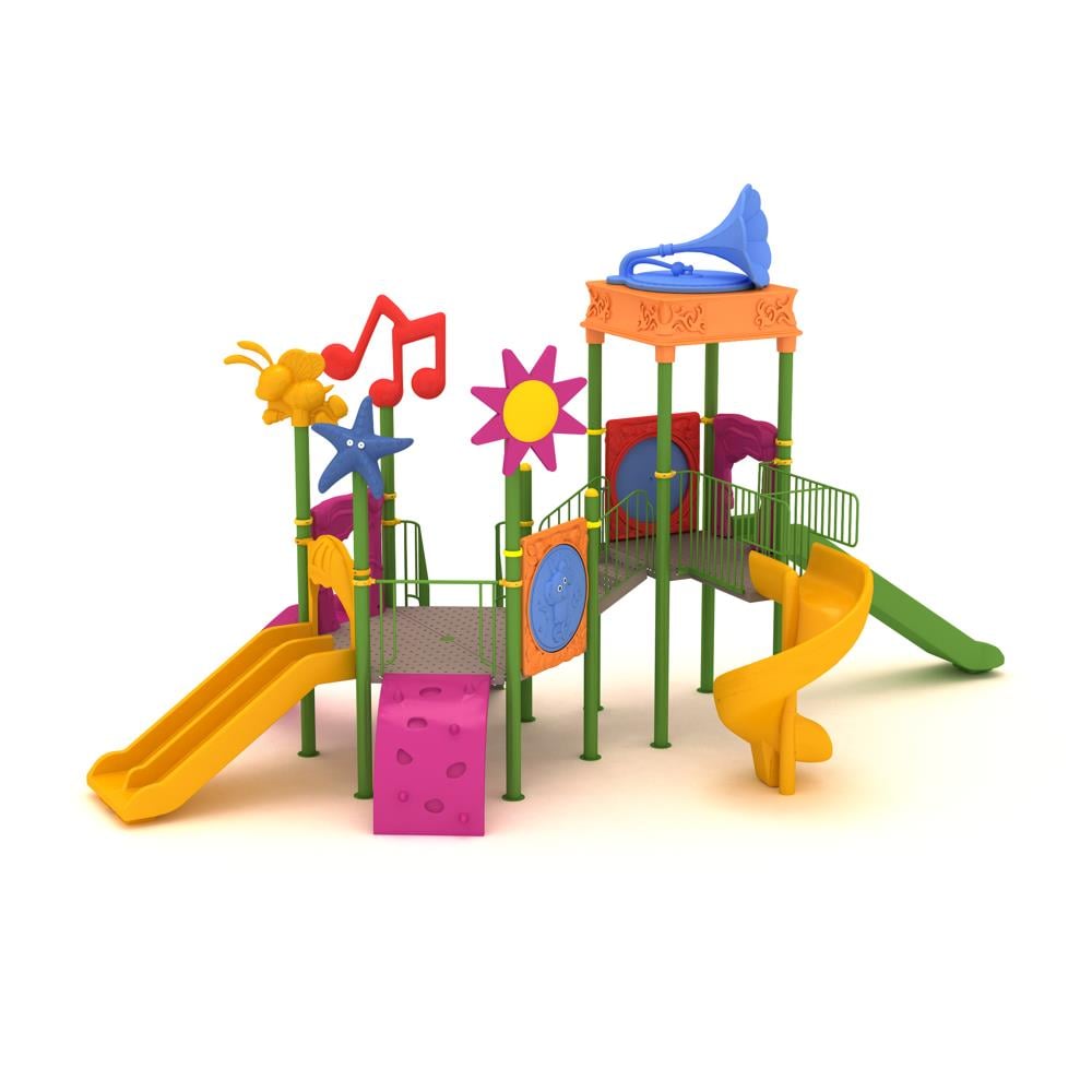 İki Kuleli Dört Kaydıraklı Gramofon Çatılı Çocuk Oyun Grubu