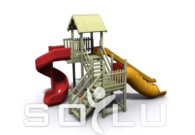 İki Kuleli Üç Kaydıraklı Toki Modeli Ahşap Çocuk Parkı