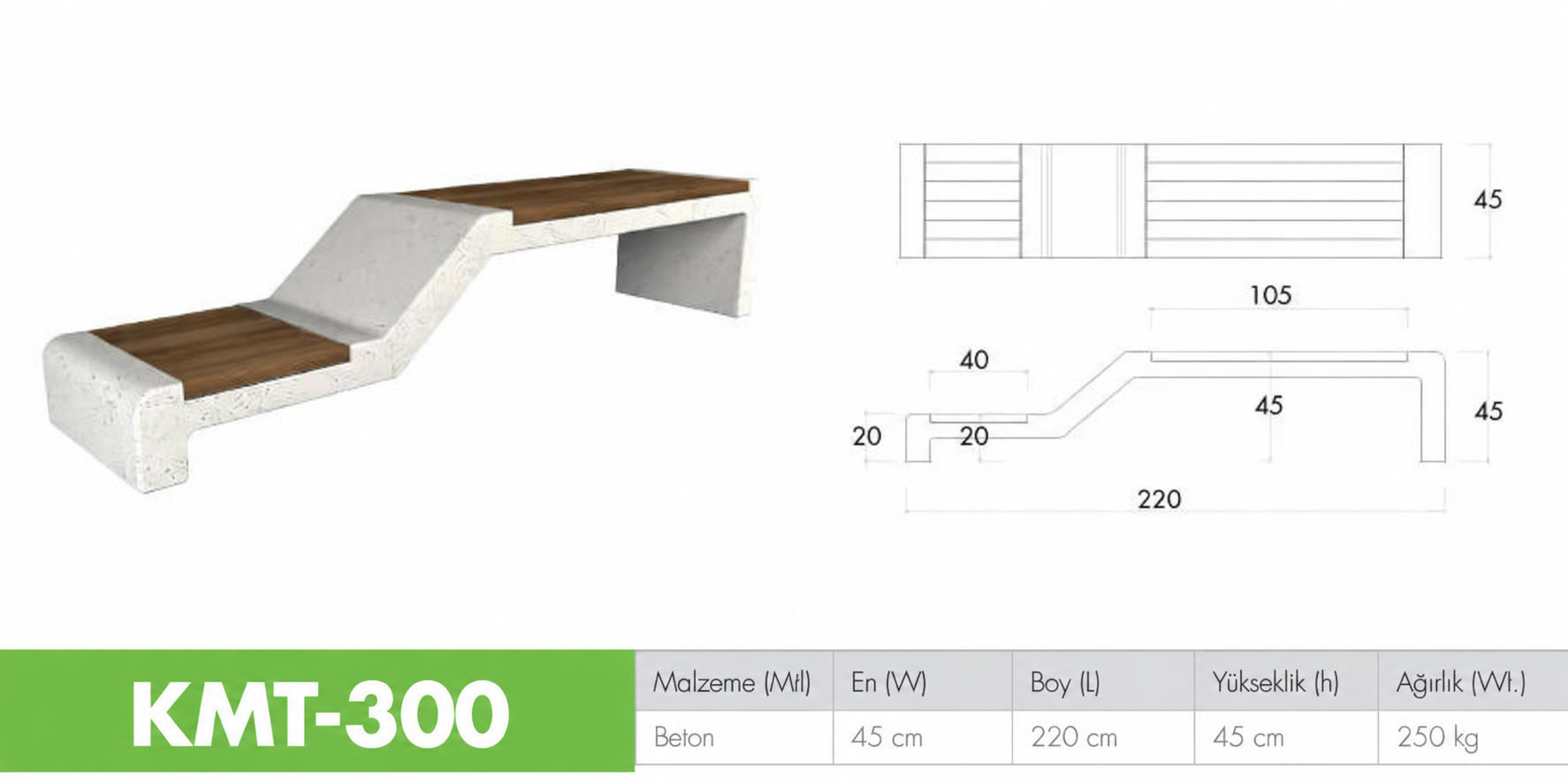 Kademeli Beton Oturma Bankı KMT-300 Modeli