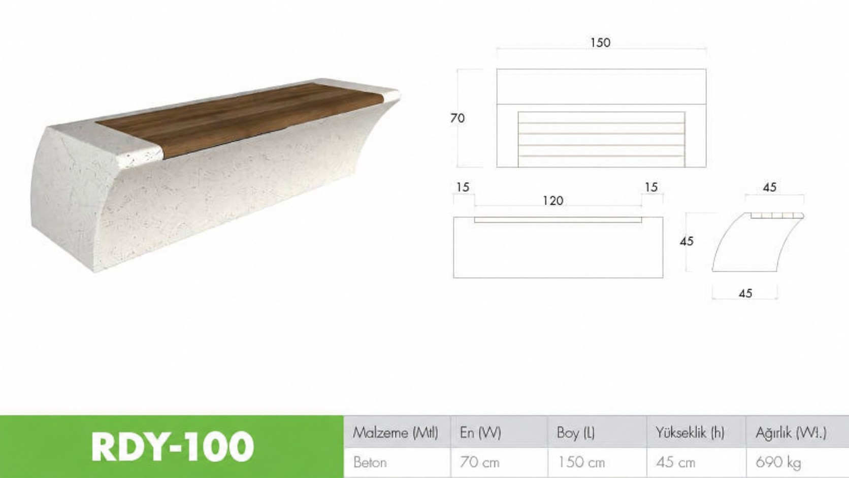 Kavisli Beton Oturma Bankı RDY-100 Ahşaplı Model