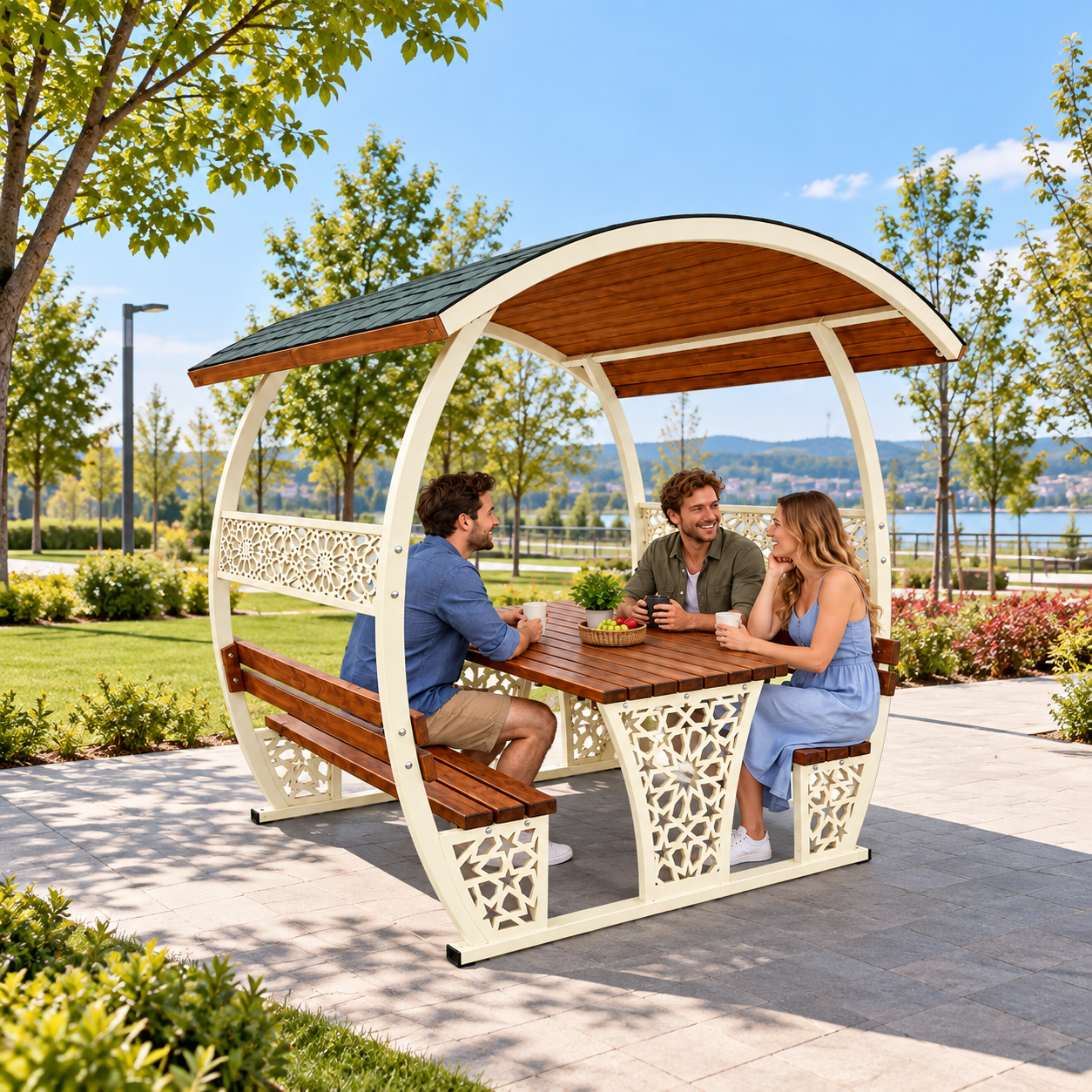 Lazer Kesim Motifli Çatılı Piknik Masası – Park ve Bahçe Modeli