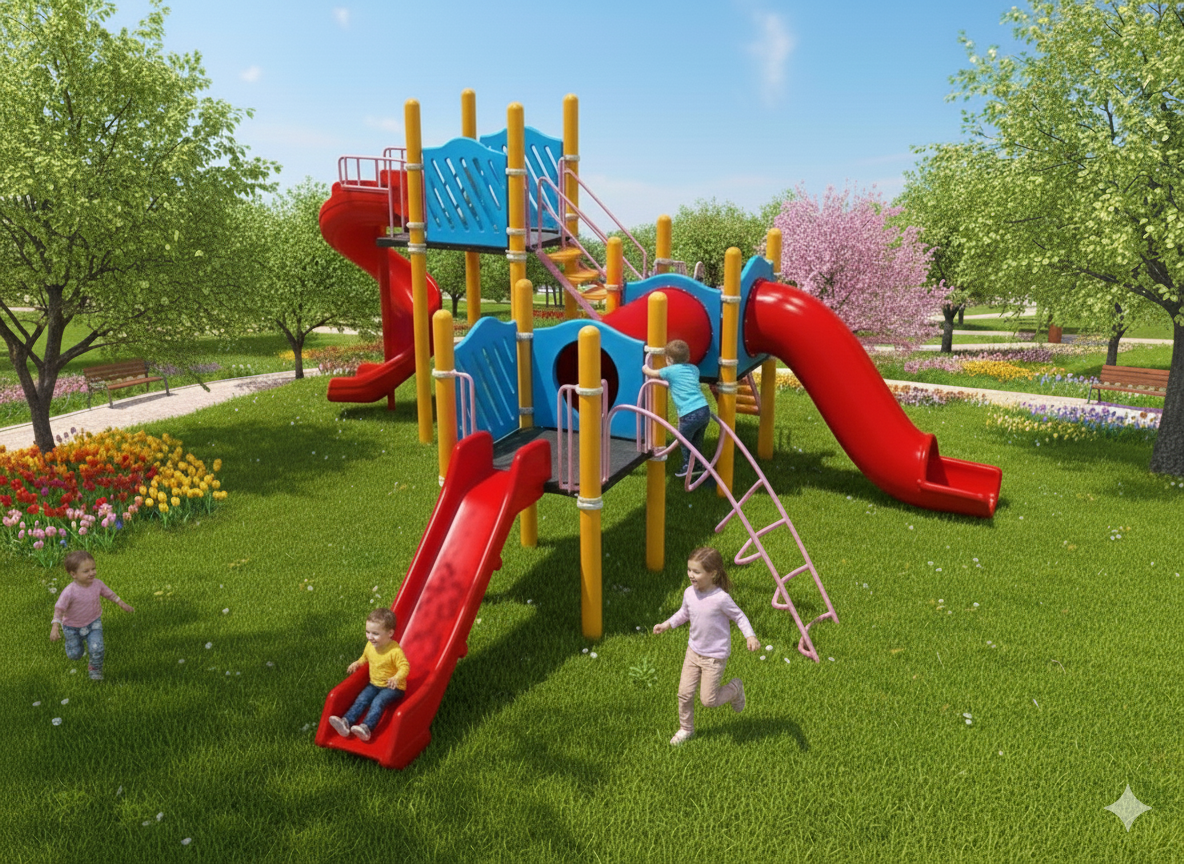 Metal Çocuk Oyun Parkı 7,5x7,5m, Üç Kaydıraklı Salıncaksız Model