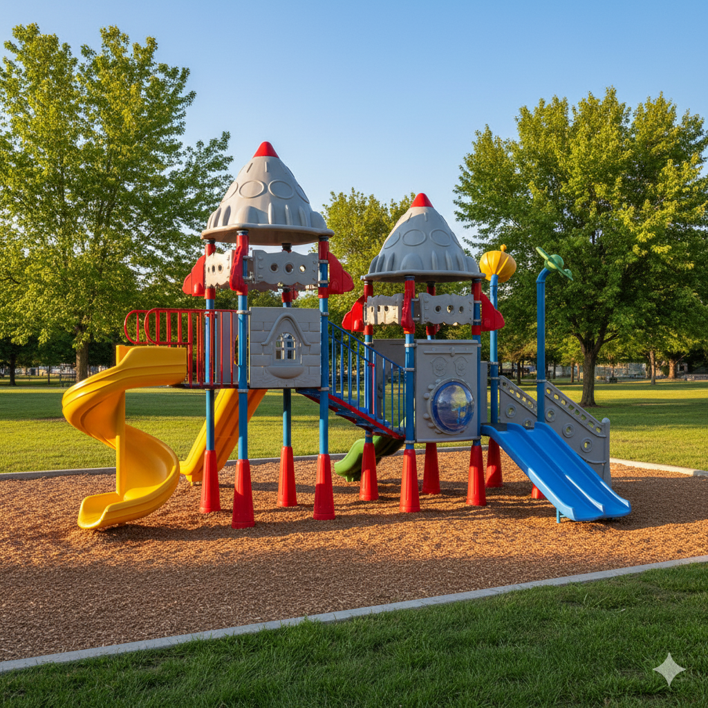 Roket Temalı Çocuk Oyun Parkı 8x5m, Üç Kaydıraklı Model