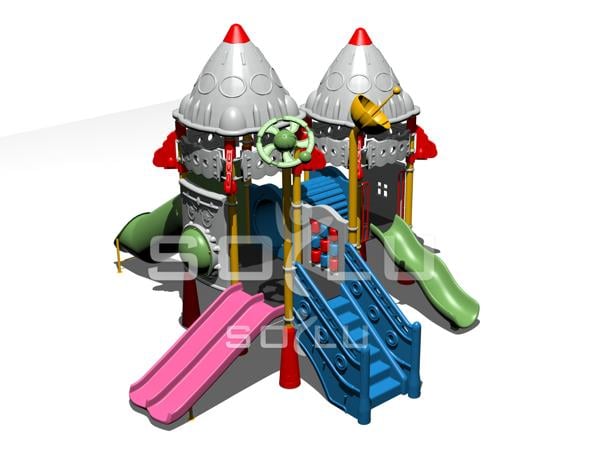 Üç Kuleli Üç Kaydıraklı Roket Temalı Çocuk Oyun Grubu