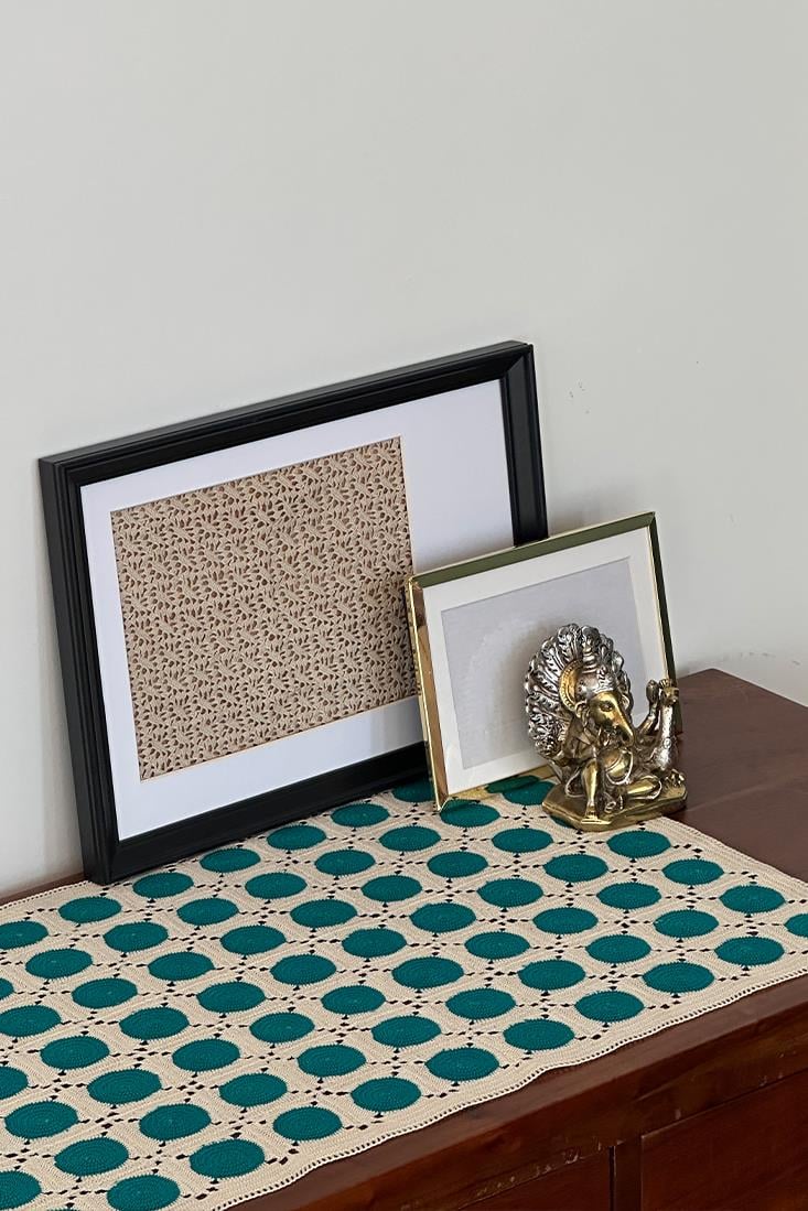Beige Green Dots Table Runner