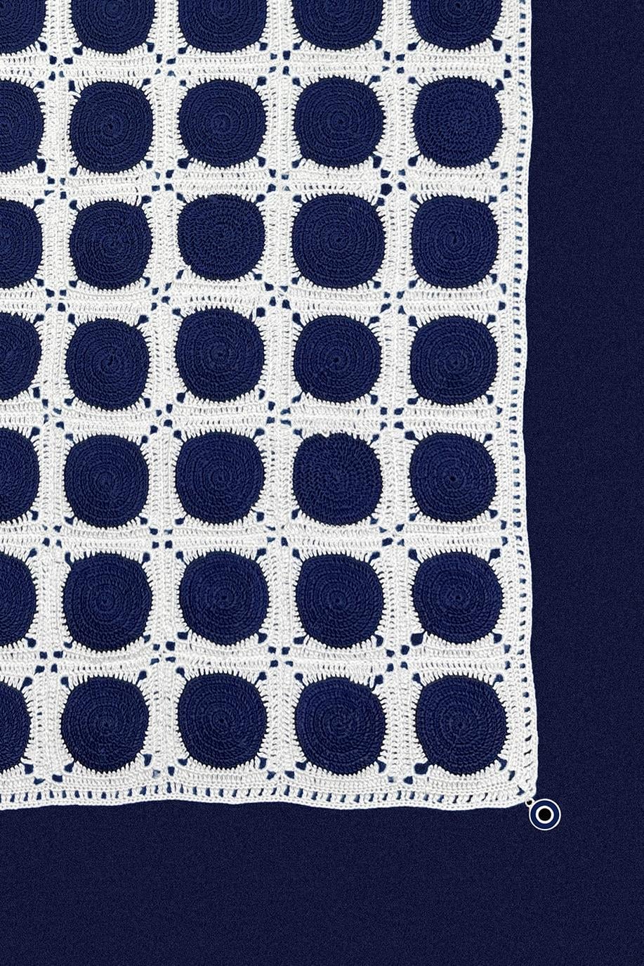 Ecru Navy Blue Dots Handcrafted Lace Runner