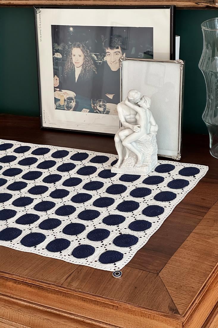 Ecru Navy Blue Dots Table Runner
