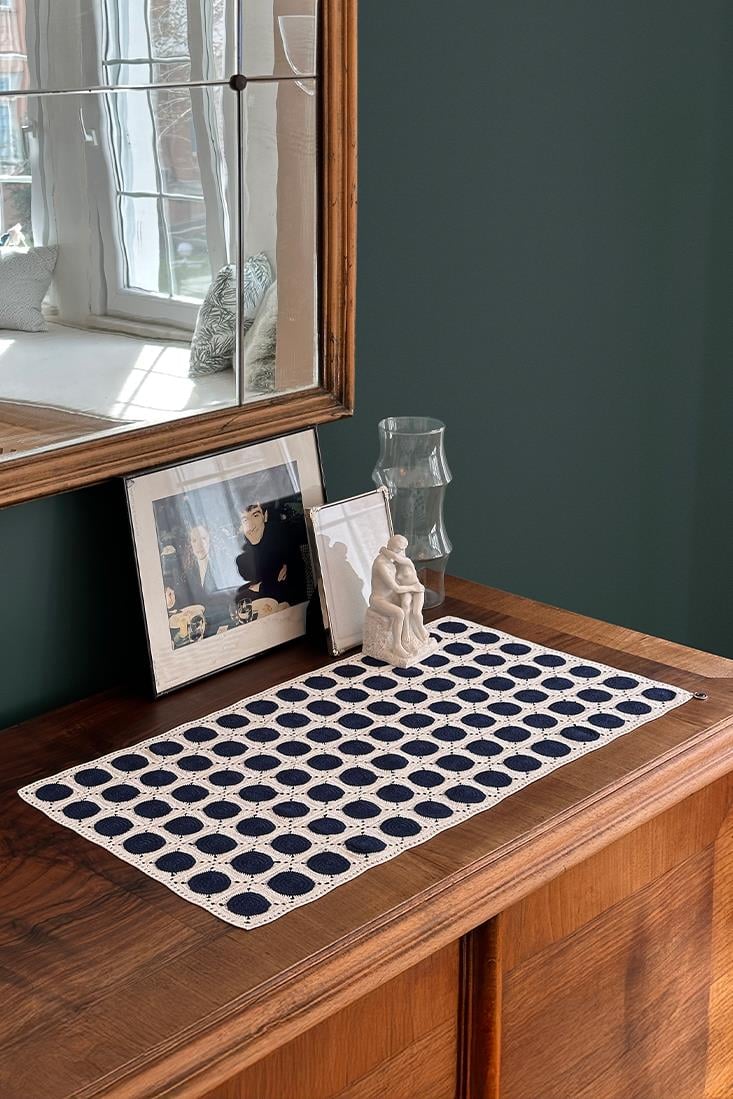 Ecru Navy Blue Dots Table Runner