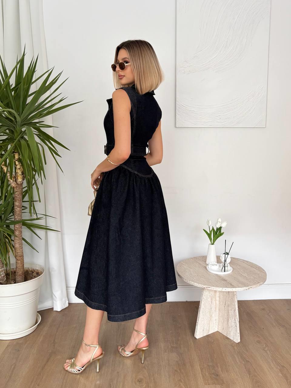 Kadın Abiye Boydan Boya Düğmeli Kloş Etekli Denim Kumaş Kemerli Midi Kot Elbise  - Abiye & Mezuniyet Elbisesi