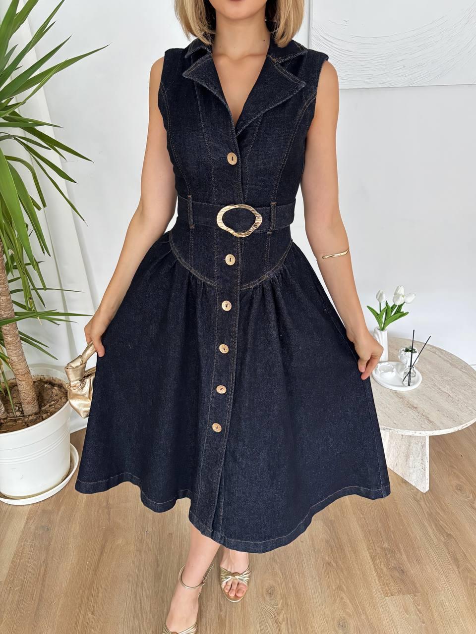 Kadın Abiye Boydan Boya Düğmeli Kloş Etekli Denim Kumaş Kemerli Midi Kot Elbise  - Abiye & Mezuniyet Elbisesi