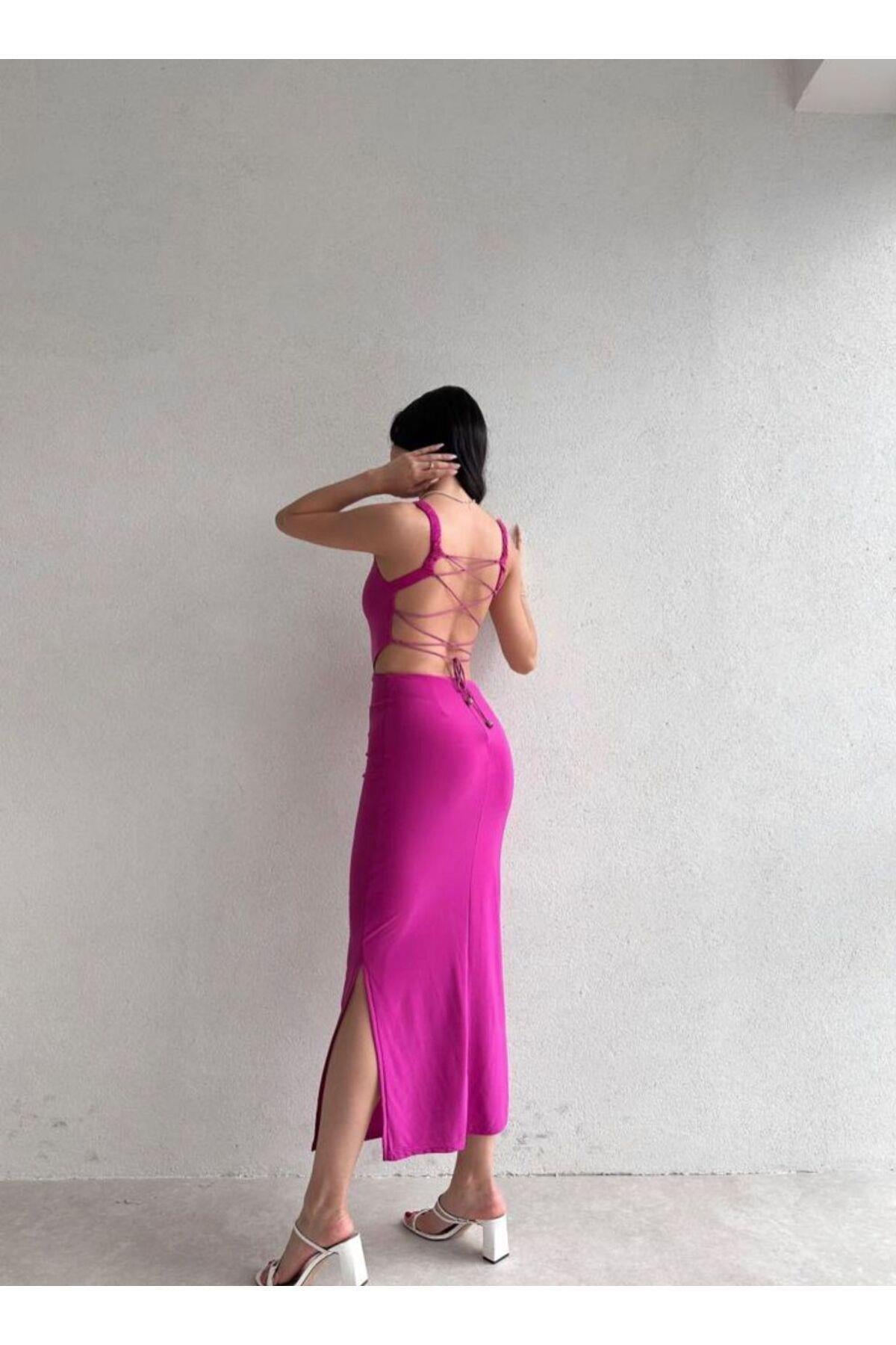 Kadın Abiye Kalın Askılı Sırt Dekolteli Arkadan İp Bağlamalı Bodycon Midi Abiye & Mezuniyet Elbisesi