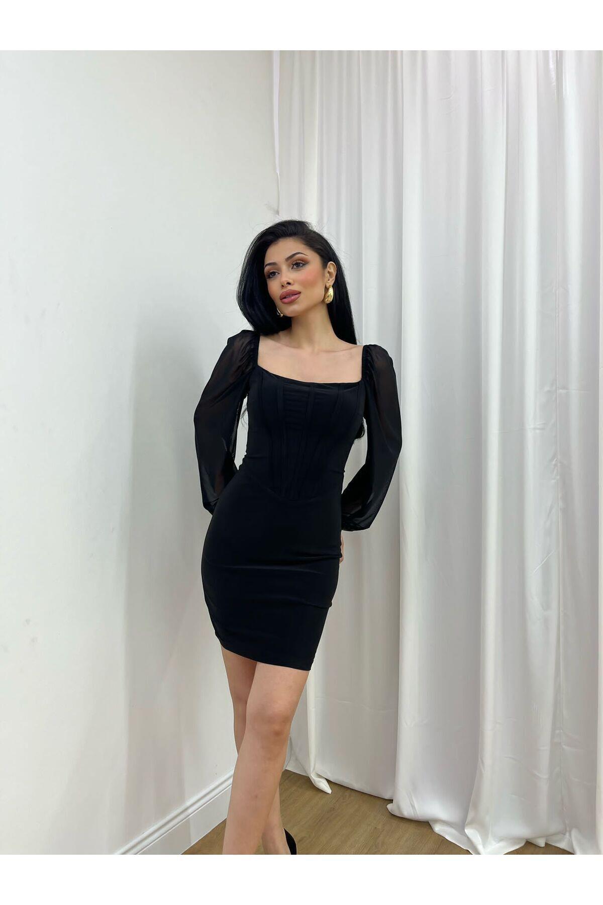 Kadın Abiye Kare Yaka Tül Kol Bodycon Mini Abiye Elbise & Mezuniyet Elbisesi