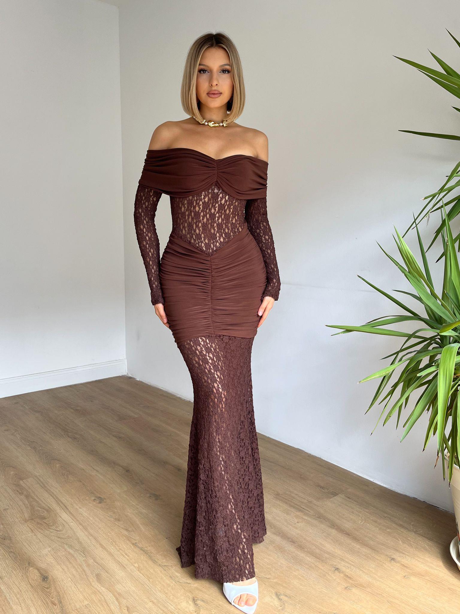 Kadın Abiye Transparan Dantel İşlemeli Straplez Bodycon Maksi Elbise - Abiye & Mezuniyet Elbisesi