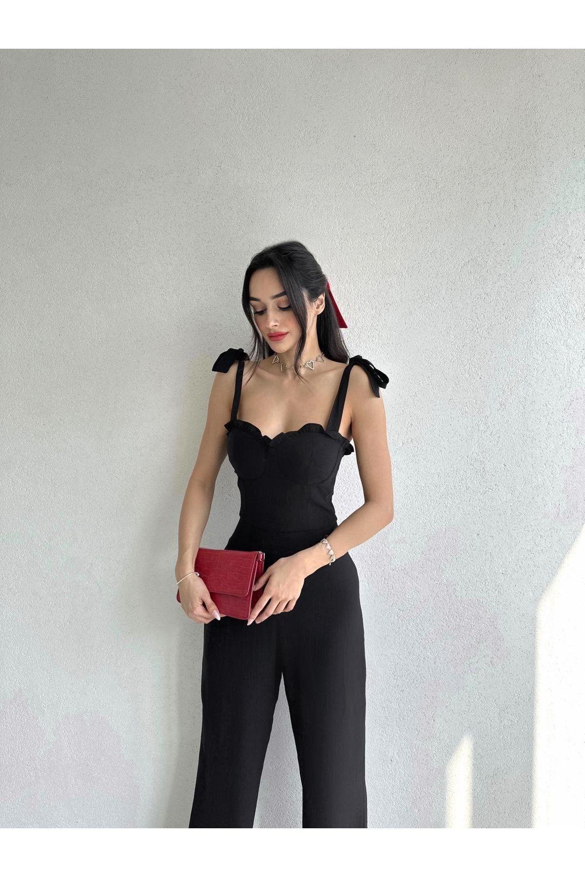Kadın Abiye Tulum Omuzdan Bağlama Detaylı Göğüs Cuplu Askılı Siyah Tulum Elbise