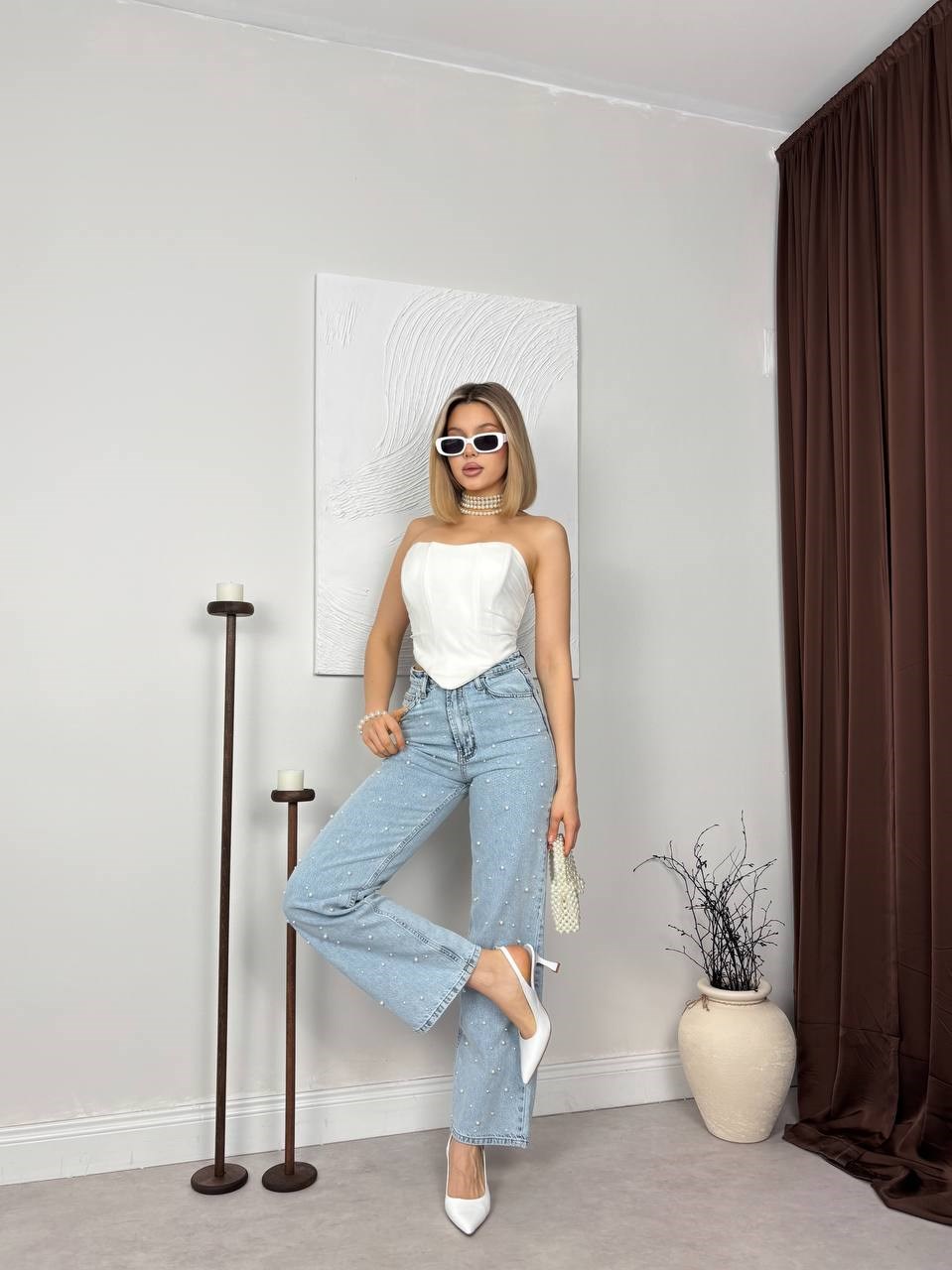 Kadın Geniş Paça Taş İşlemeli Kot Denim Yüksek Bel Pantolon
