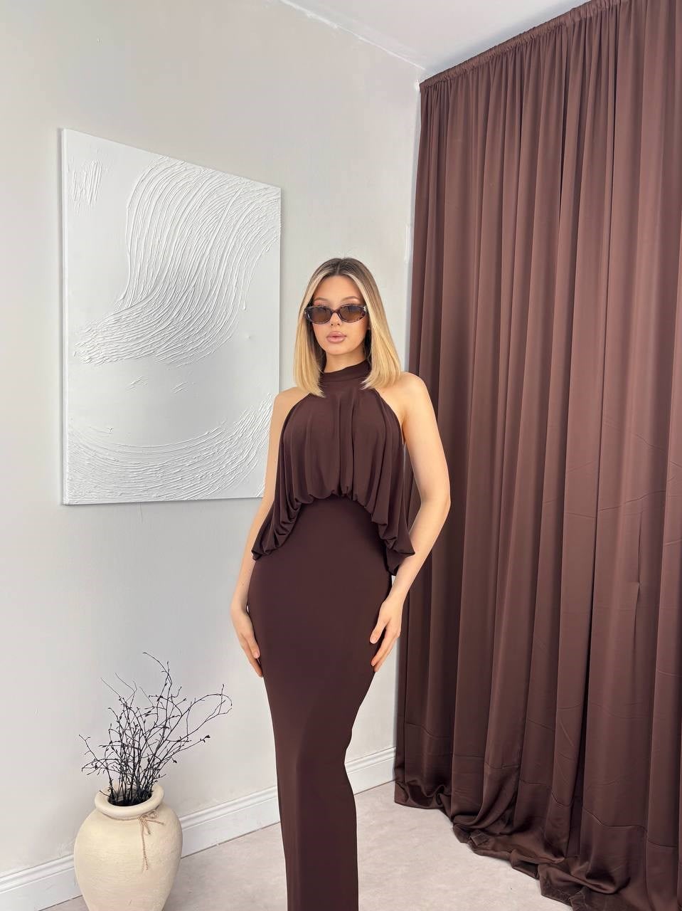 Kadın Halter Yaka Salaş Drape Detaylı Balık Abiye Mezuniyet Elbisesi