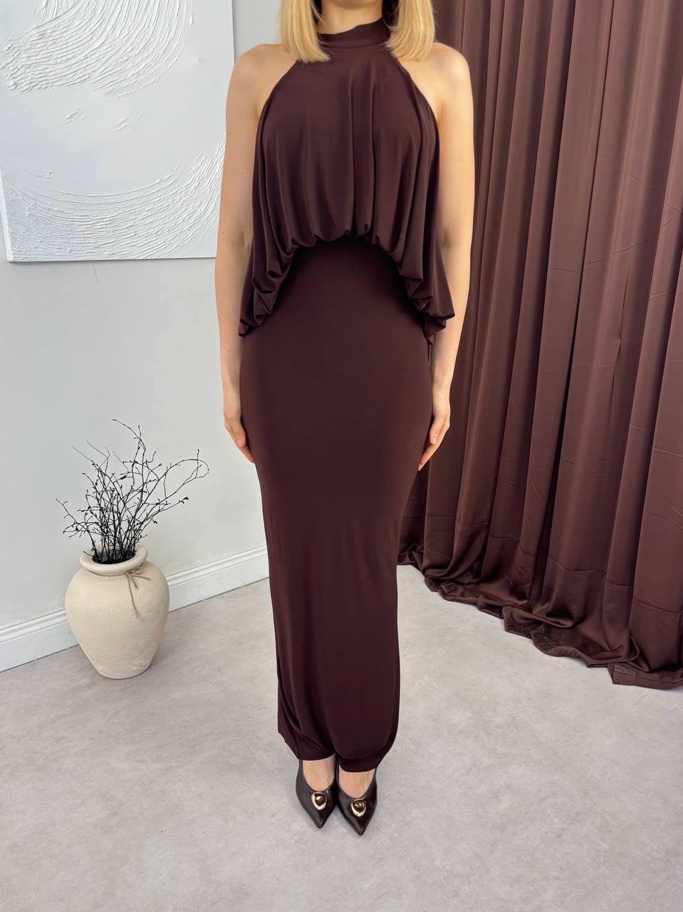 Kadın Halter Yaka Salaş Drape Detaylı Balık Abiye Mezuniyet Elbisesi