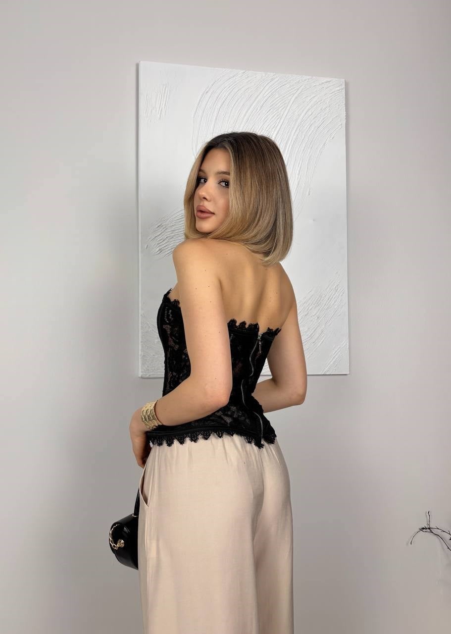 Kadın Straplez Dantel Fermuar Kapamalı Crop Bluz