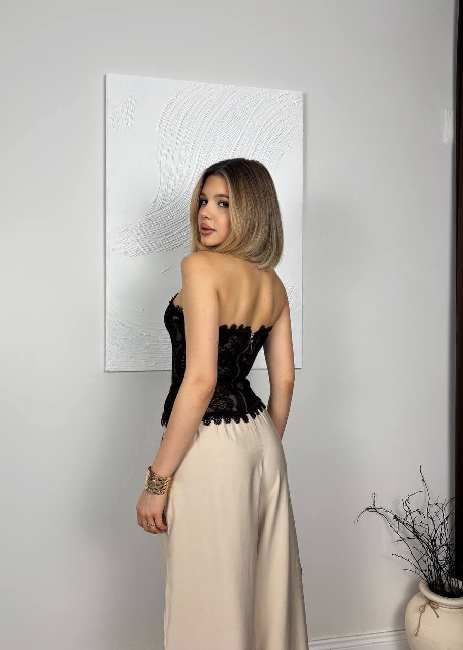 Kadın Straplez Dantel Fermuar Kapamalı Crop Bluz
