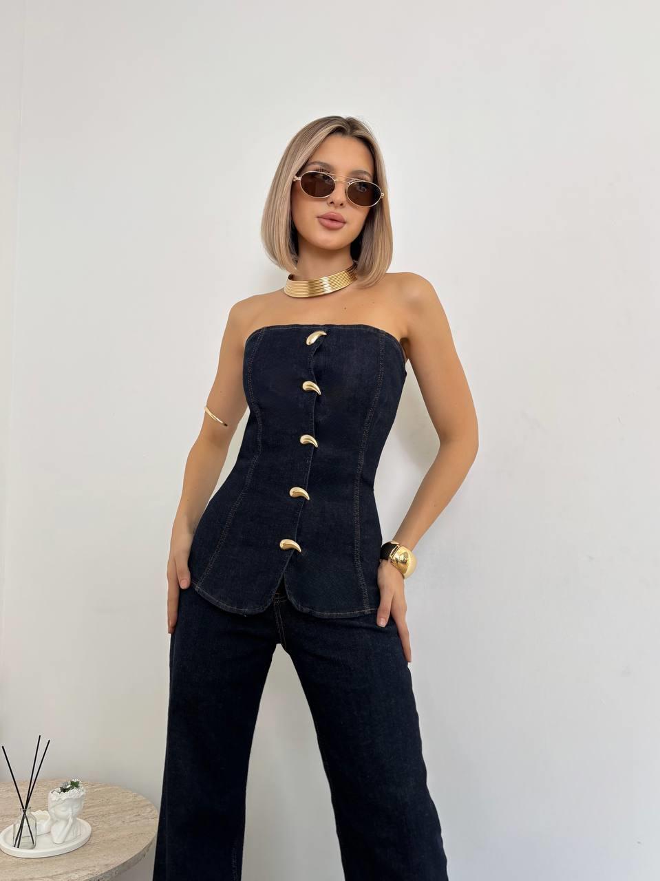 Kadın Straplez Gold Düğme Detaylı Denim Tulum 