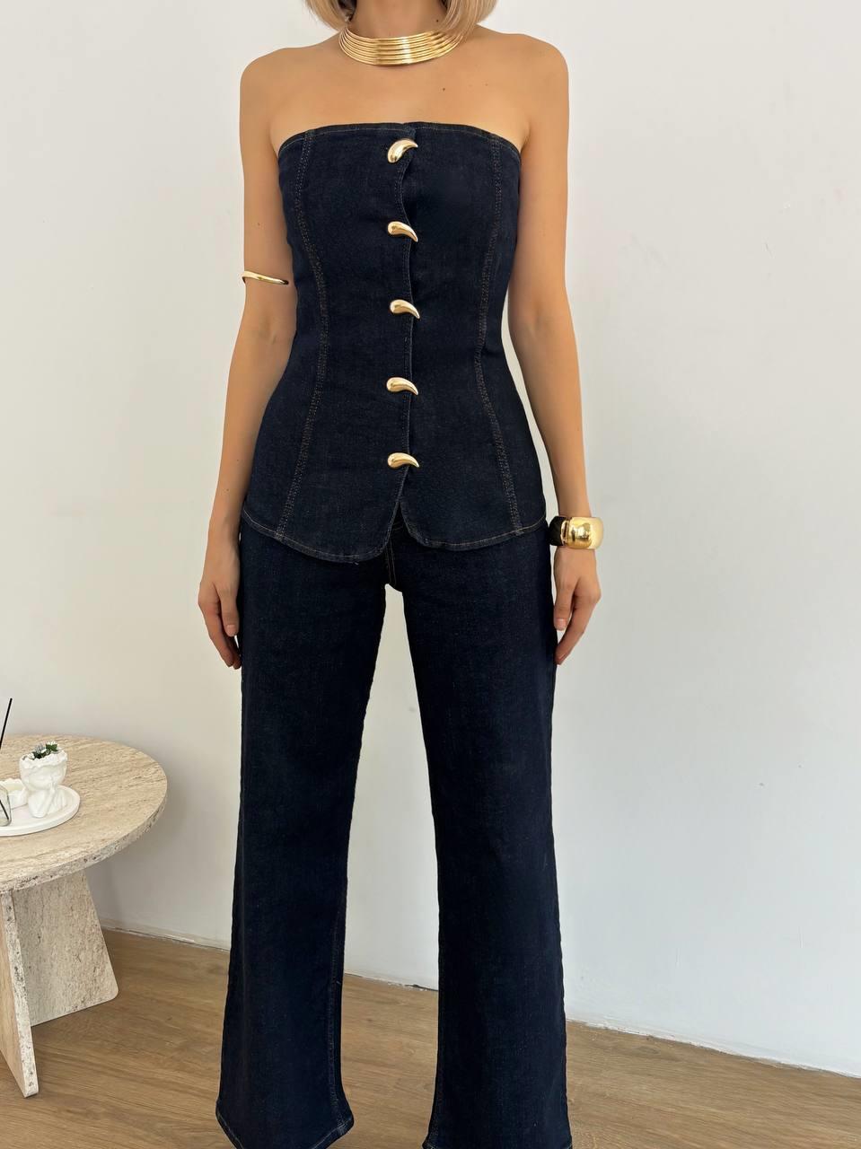 Kadın Straplez Gold Düğme Detaylı Denim Tulum 