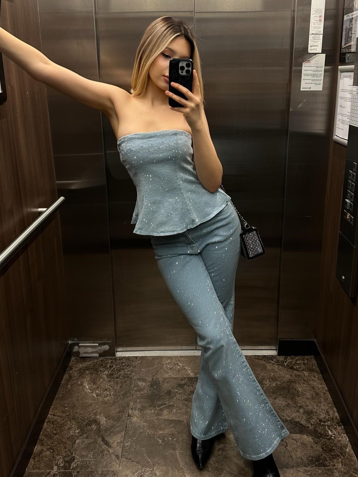 Kadın Straplez Taş İşlemeli Pantolon Crop İkili Takım