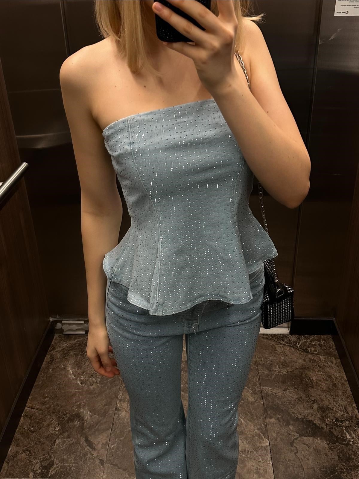 Kadın Taş Detaylı Straplez Denim Takım İkili Takım 