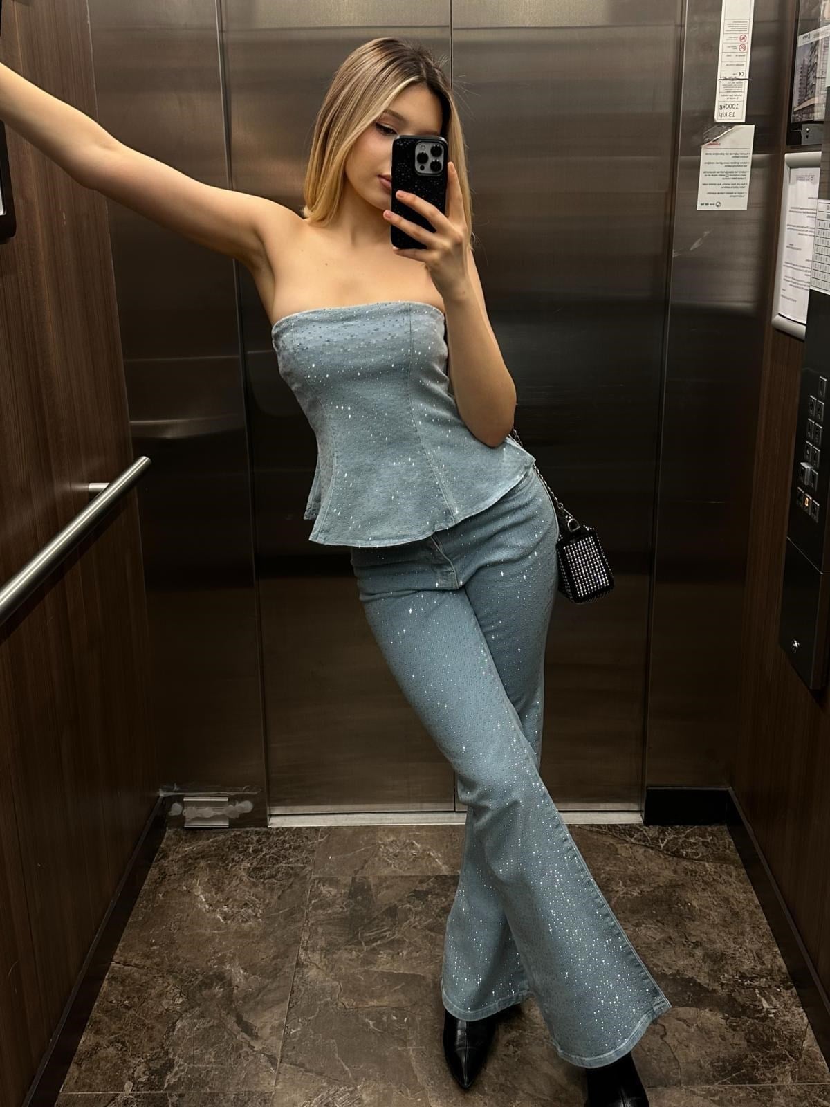 Kadın Taş Detaylı Straplez Denim Takım İkili Takım 