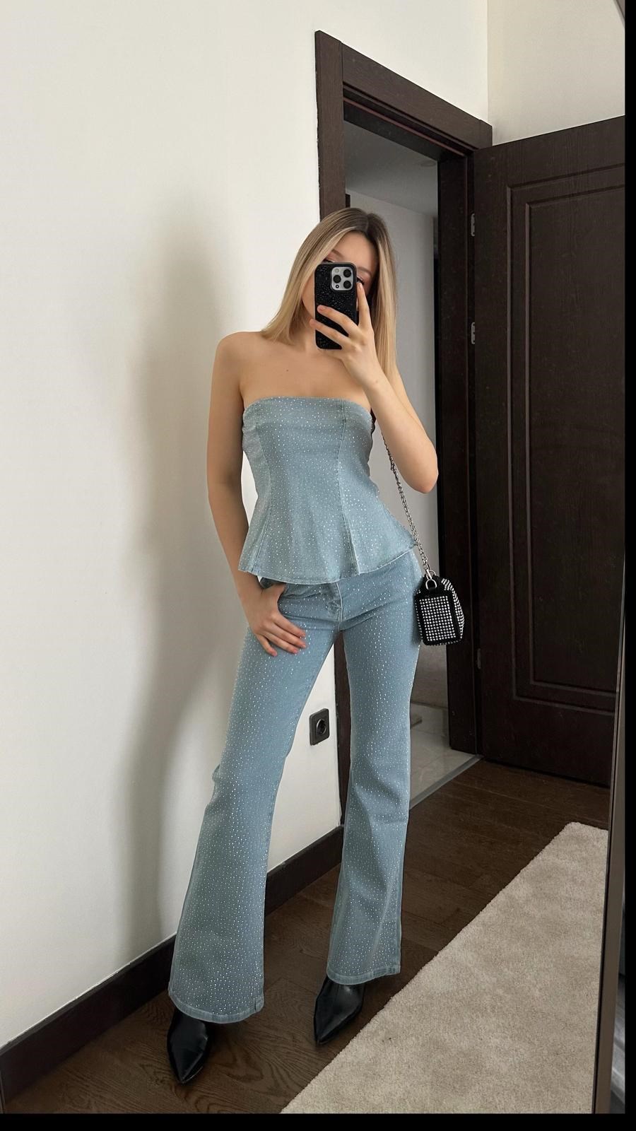Kadın Taş Detaylı Straplez Denim Takım İkili Takım 