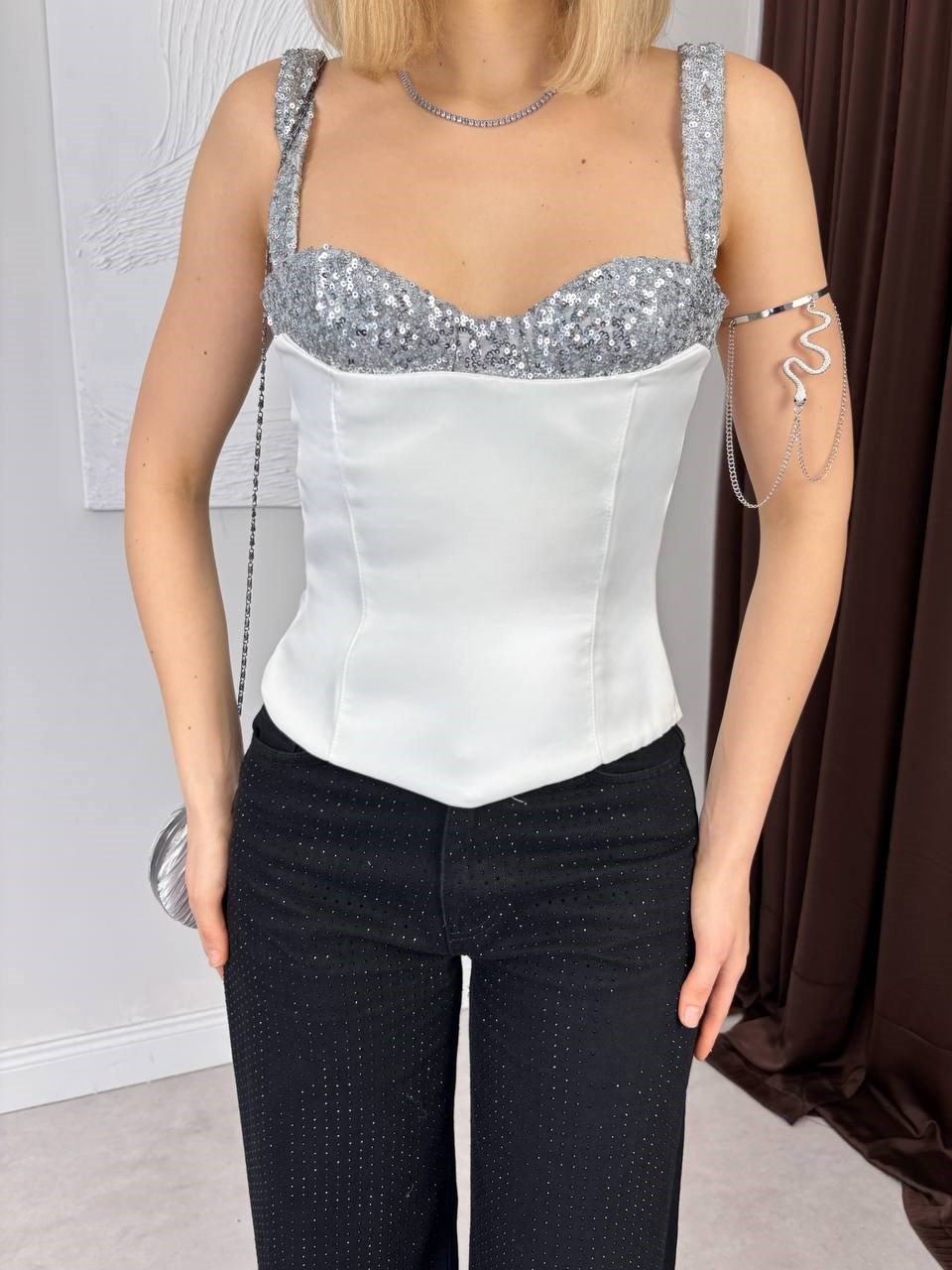 Kadın Taş İşlemeli Askılı Crop Bluz