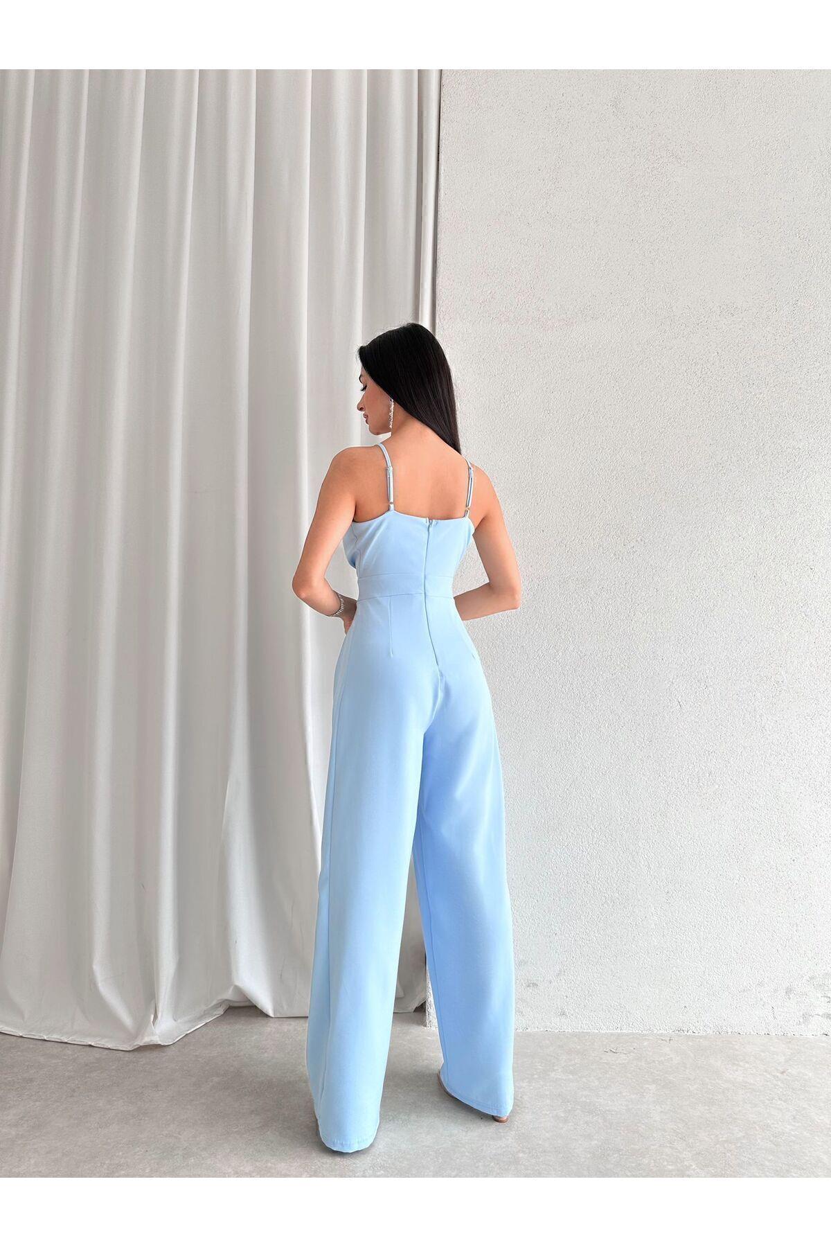 Kadın Tulum Elbise Krep Saten Kumaş Askılı Kruvaze Yaka Geniş Paça Bebe Mavisi Abiye Tulum Misscix