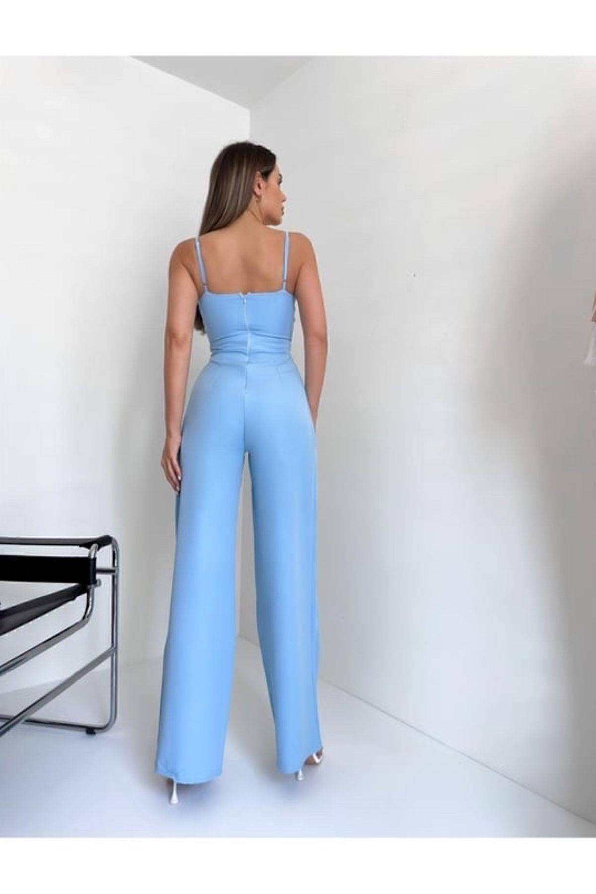 Kadın Tulum Elbise Krep Saten Kumaş Askılı Kruvaze Yaka Geniş Paça Bebe Mavisi Abiye Tulum Misscix